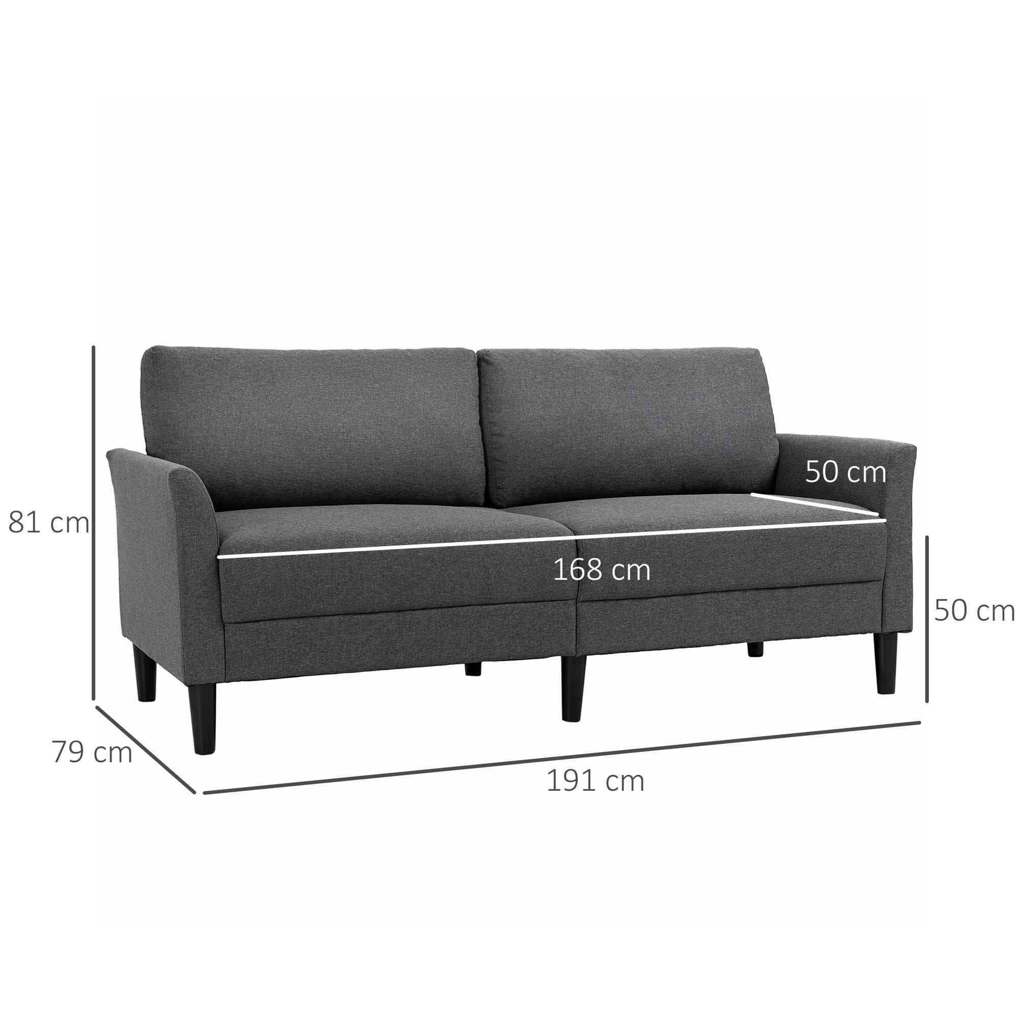 HOMCOM 3-Seater Fabric Sofa with Deep Seat and Thick Padding, 191x79x87 cm, Dark Grey