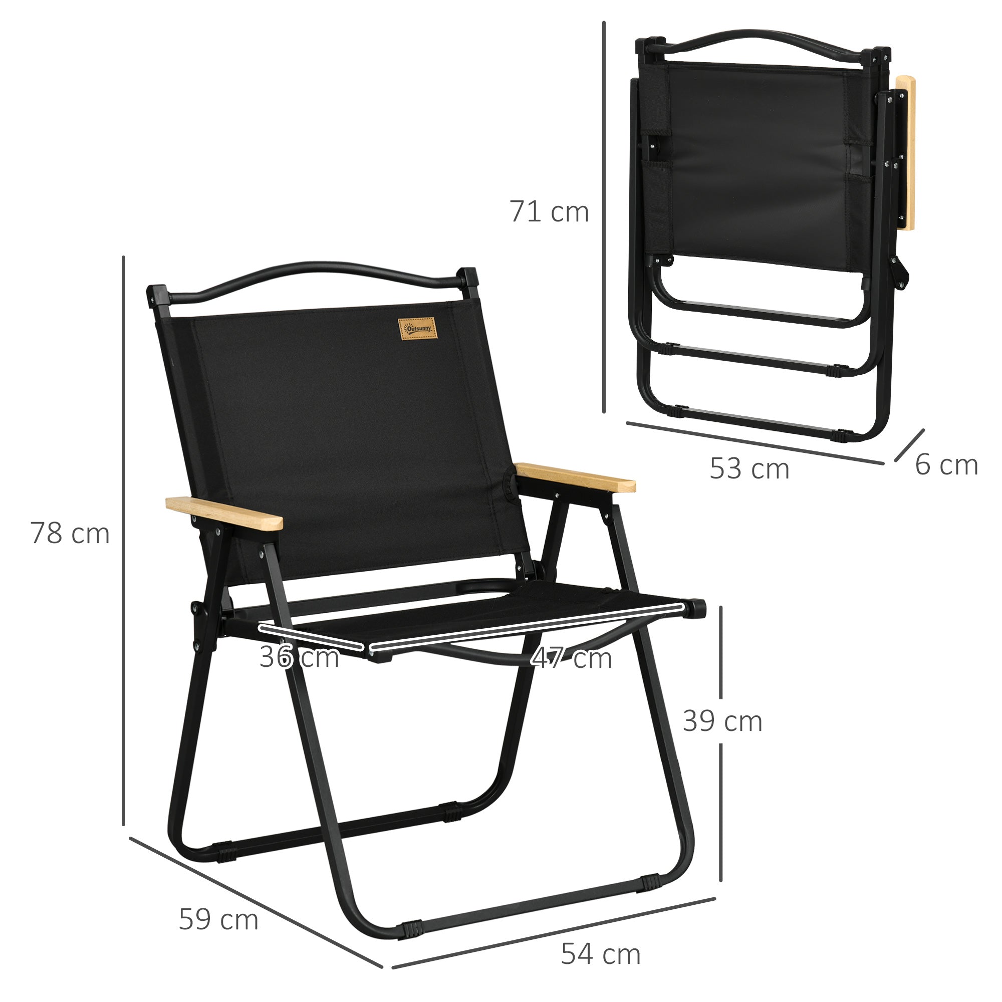 Set of 2 Folding Outdoor Chairs with Armrests in Oxford Fabric and Steel, Black