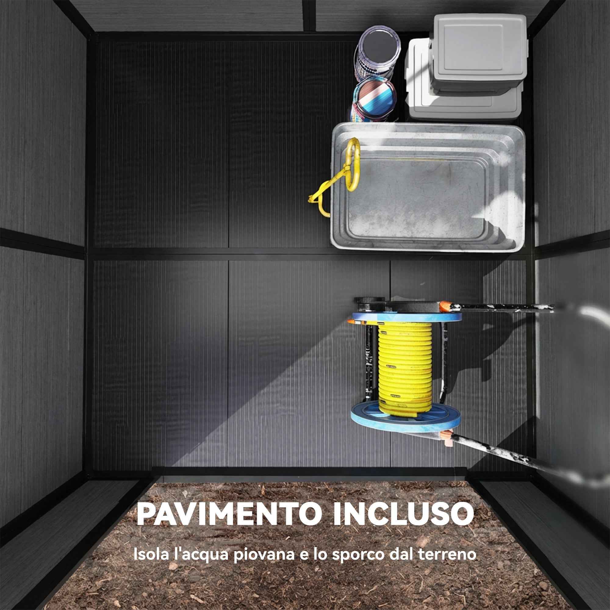 Garden Shed with 2 Entrances, 3 Windows and Air Vents, in PP and Aluminum, 182x182x196 cm, Dark Grey