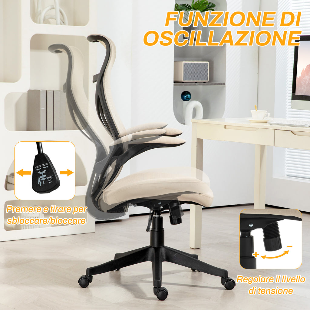 Office Chair with Folding Armrests, Adjustable Height and Reclining Backrest, Beige