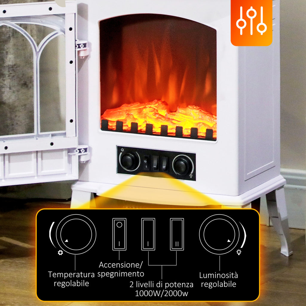 Electric Floor Fireplace, 1000W/2000W Power, Adjustable Flame Effect, 39x23x56.5cm, White