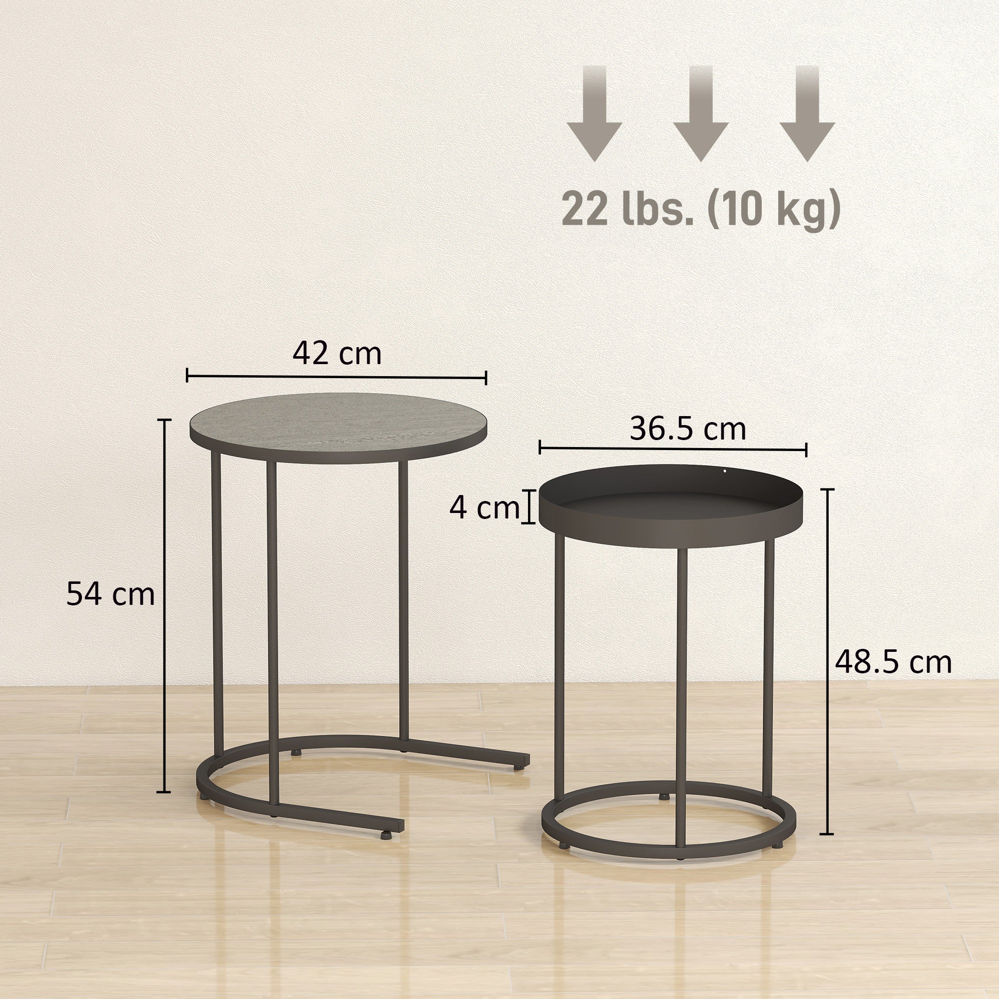 Set of 2 Industrial Style Stackable Coffee Tables, Wood and Metal, Ø42x54 cm and Ø36.5x48.5 cm, Grey and Black