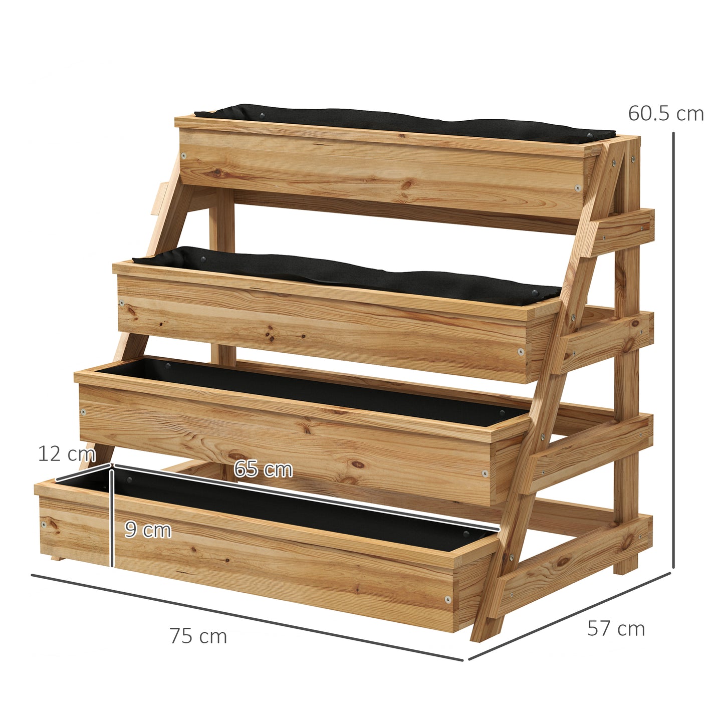 4 Tier Raised Planter with Drainage Holes and Non-Woven Fabric, Fir Wood, 75x57x60.5 cm