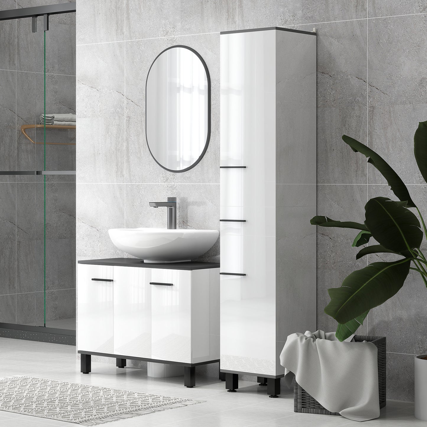 Bathroom Vanity Unit with 2-Door Cabinet and Adjustable Shelf, 80x34x60 cm, Glossy White