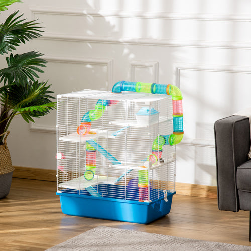 5-Level Hamster Cage with Tubes, House, Tank and Wheel, Made of Steel, PP and PS, 59x36x69 cm, Blue and White