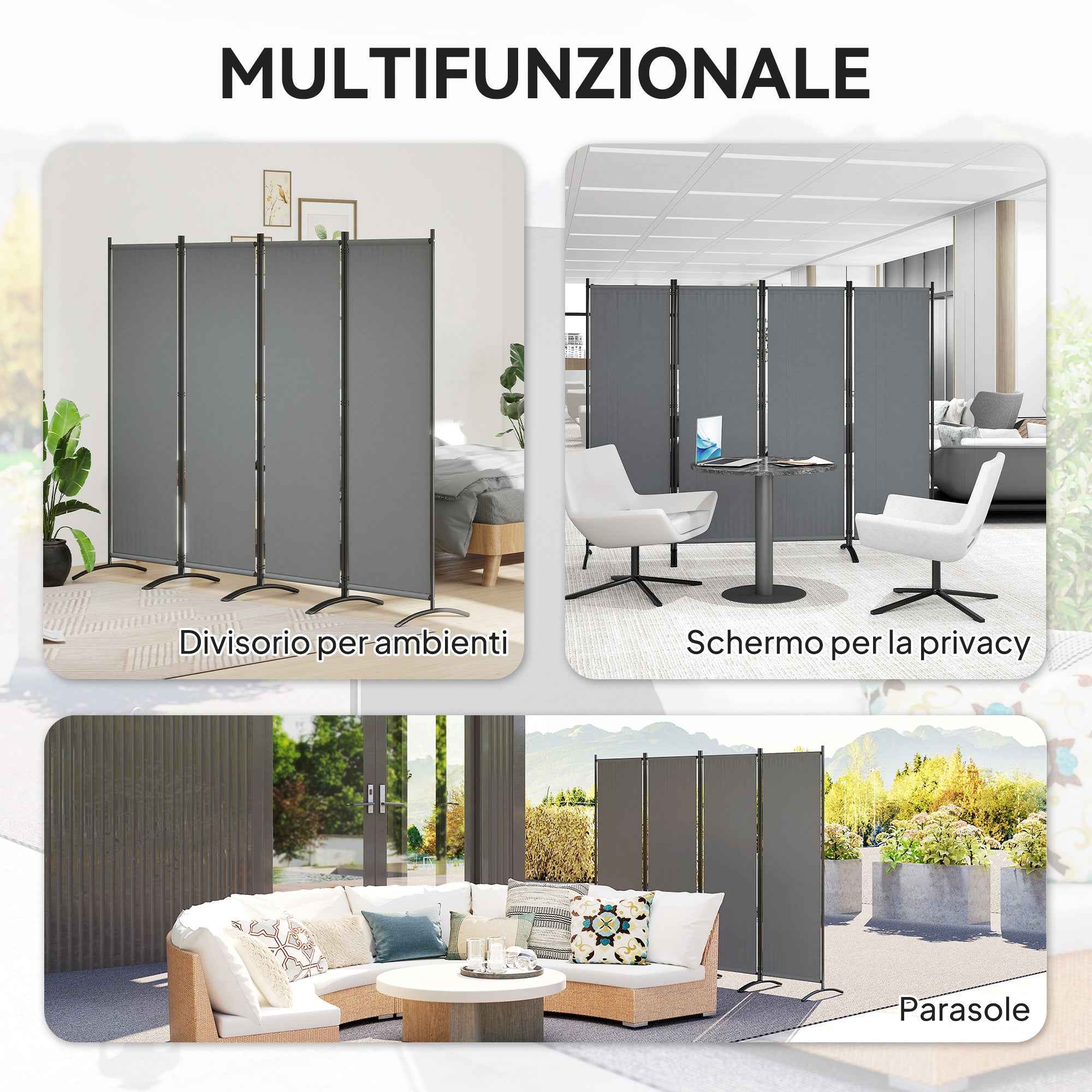Outsunny 4-Panel Folding Indoor and Outdoor Room Divider, 221 x 50 x 172 cm, Dark Grey