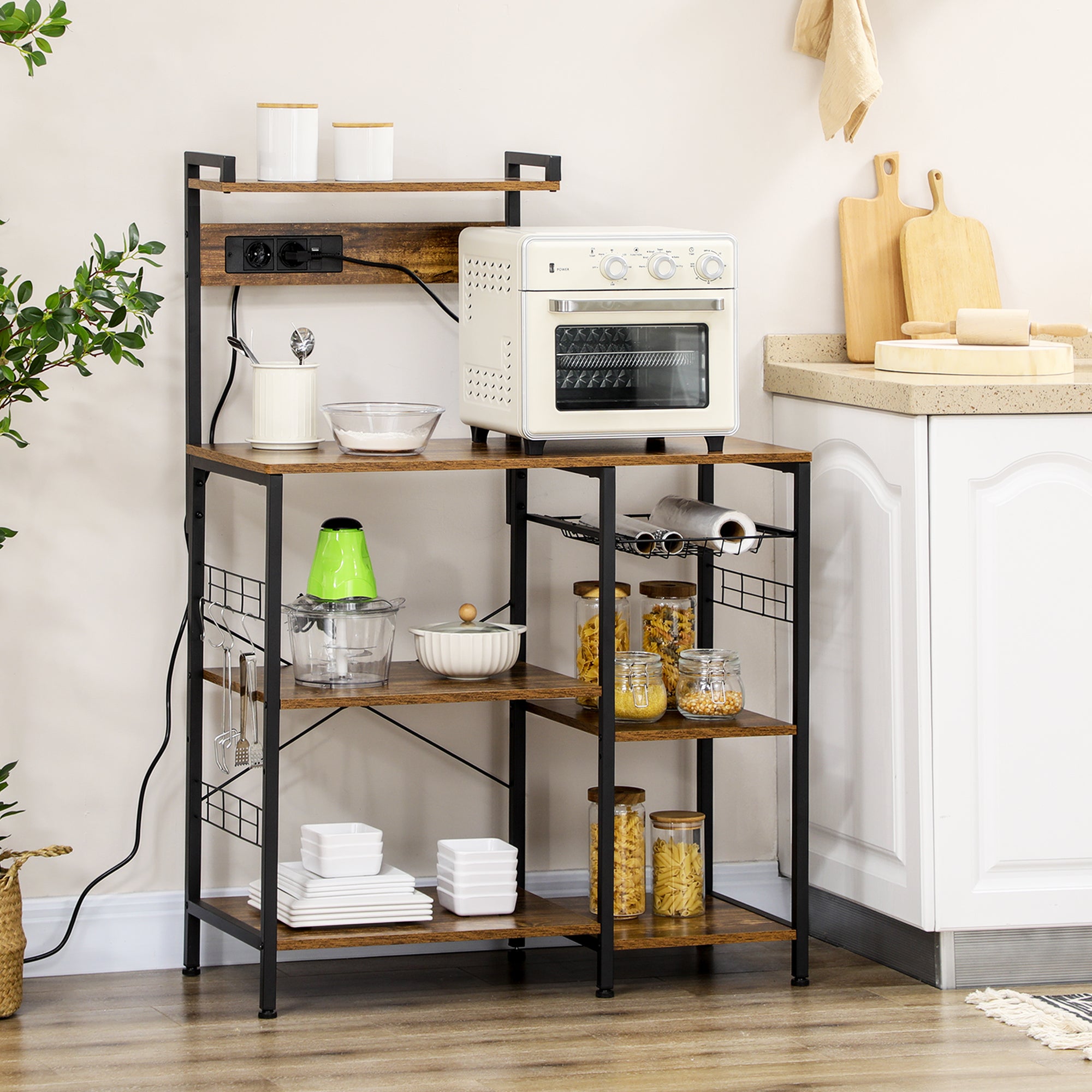 Microwave Multi-Socket Kitchen Shelf with Shelves and Mesh Basket, 90x42x130cm, Brown