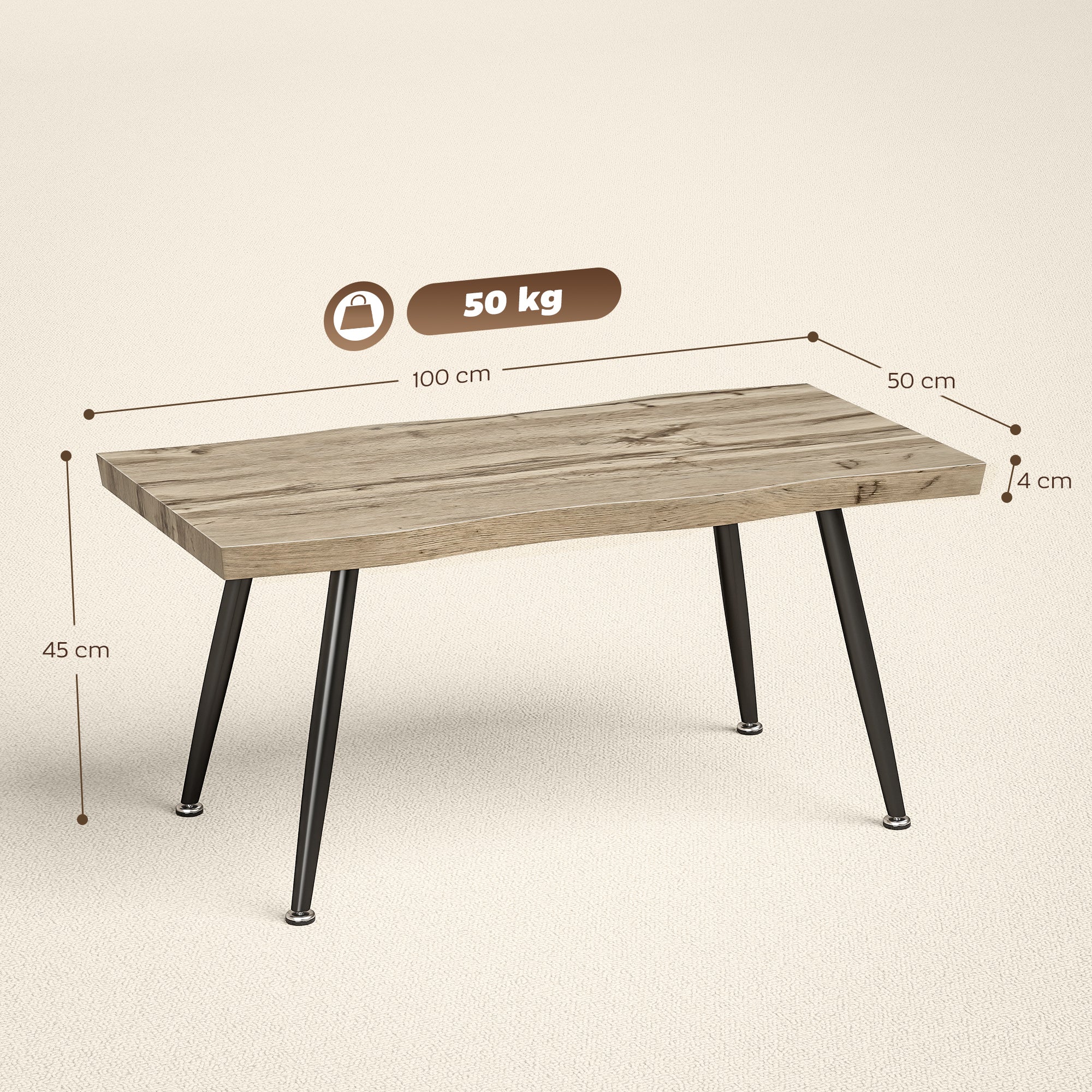 HOMCOM Nordic Style Coffee Table with Adjustable Feet, Wood and Steel, 100x50x45 cm, Black and Oak