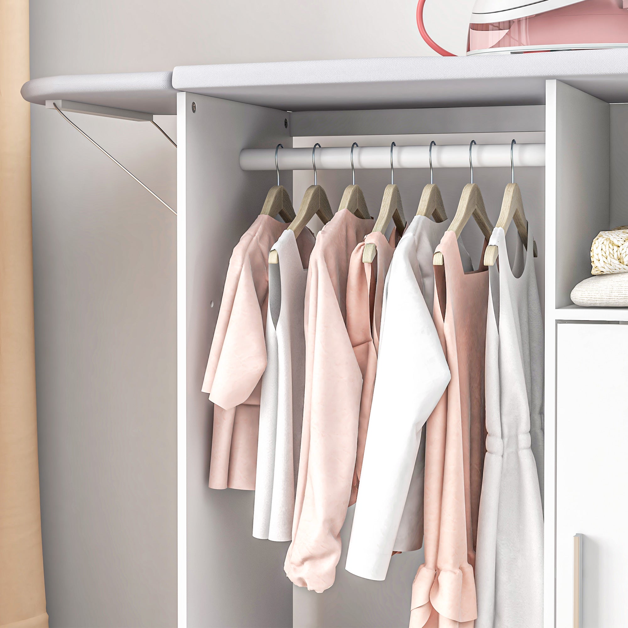 Mobile Ironing Board with Shelf, 3 Cube Shelves and Guide, 107x42.5x99cm, White - Borgè