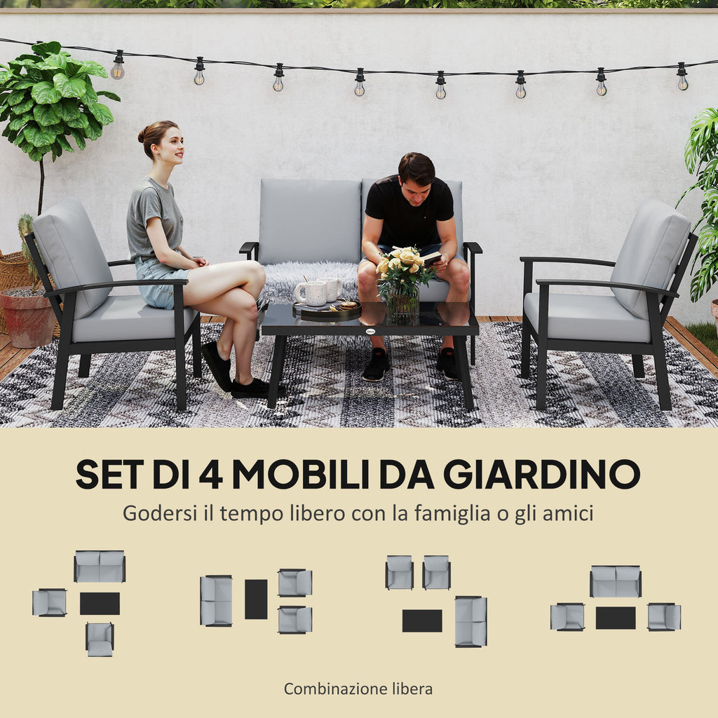 DULA | 4 Piece Garden Set with 2 Armchairs, 2 Seater Sofa and Coffee Table, in Aluminum and Fiber, Charcoal Gray