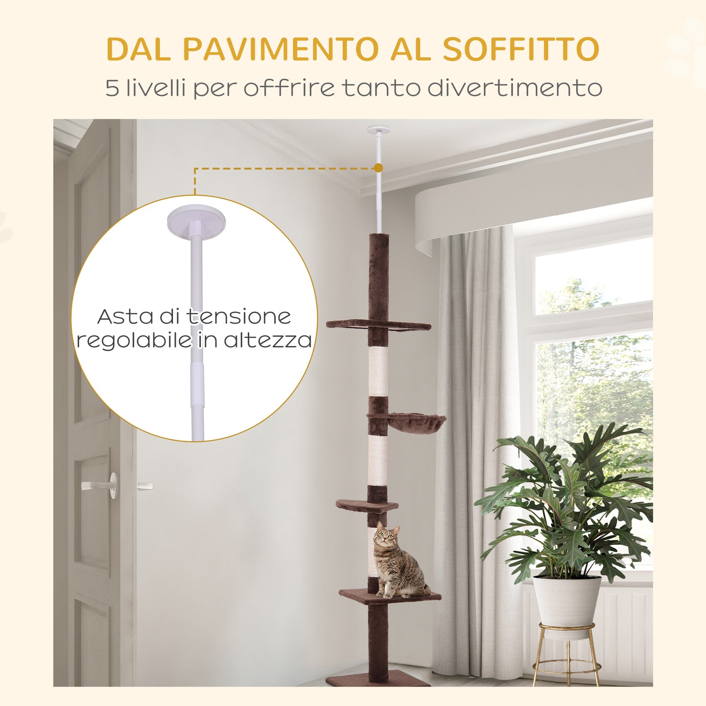 Multi-Level Ceiling Cat Tree with Hammock and Adjustable Height, 40x34x230-260cm, Brown