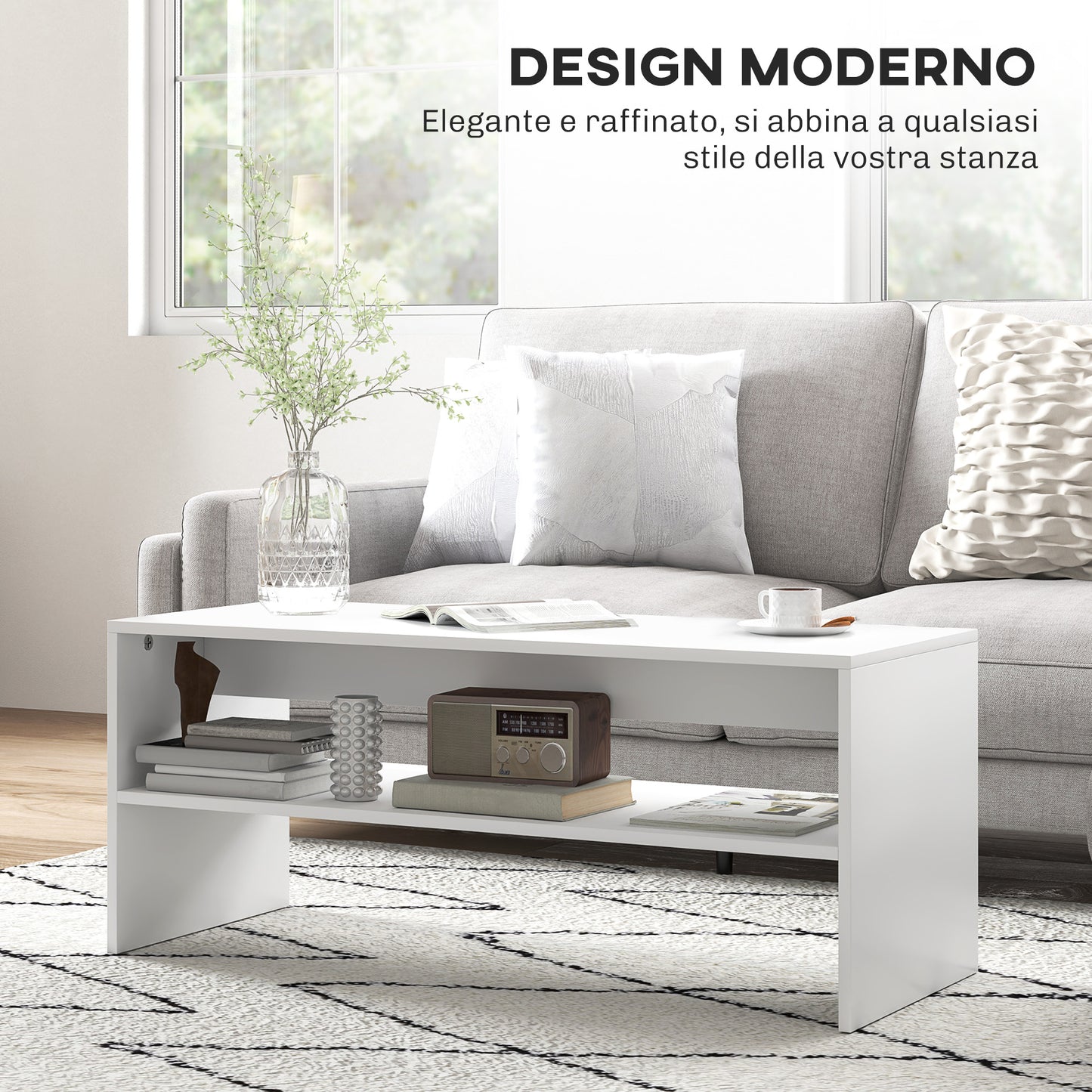 Modern 2-Tier Wooden Coffee Table with Open Shelf, 100x40x41.5cm, White