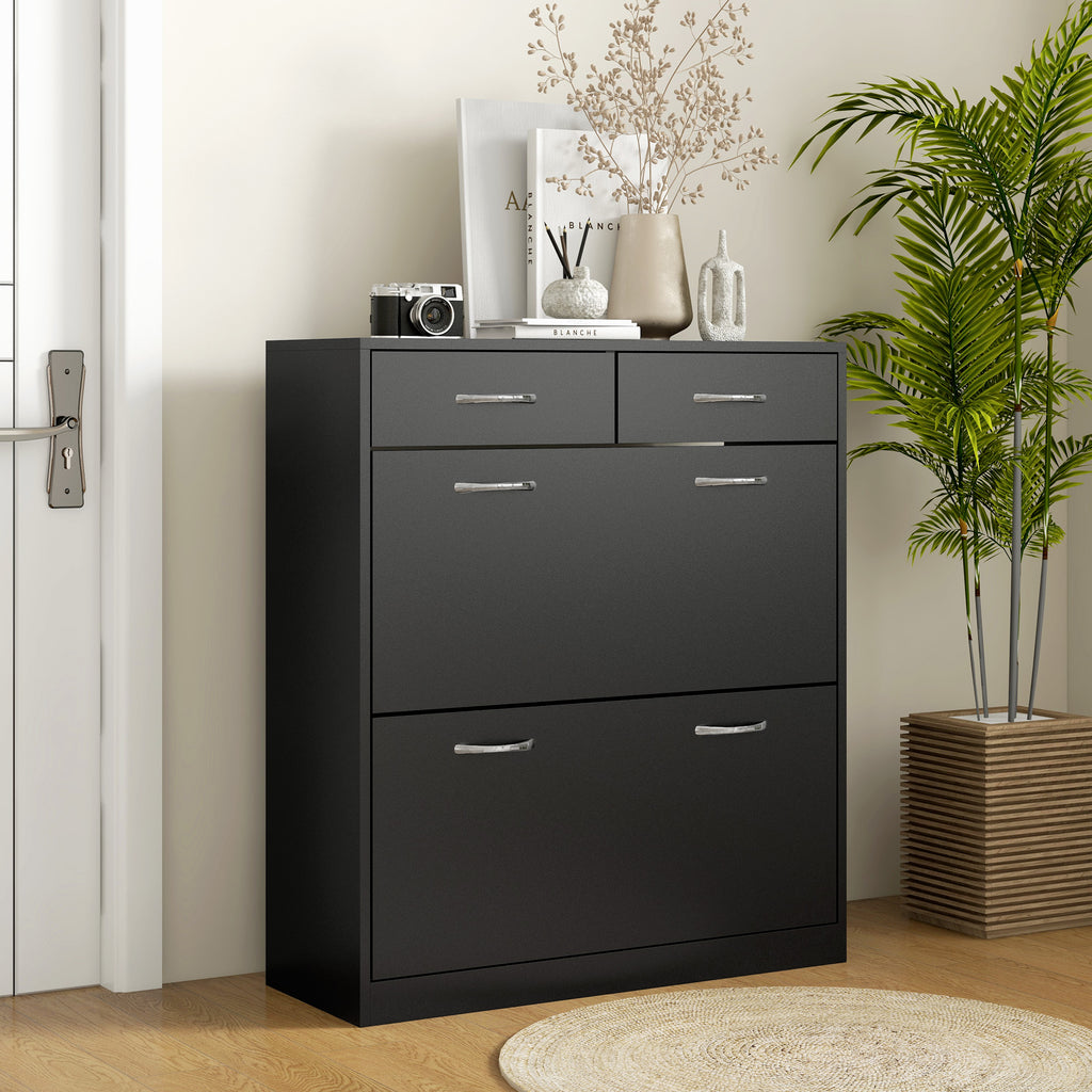Shoe Rack of 12 Pairs with 2 Adjustable Internal Shelves and 2 Drawers, in Wood, 80x30x91.5 cm, Black
