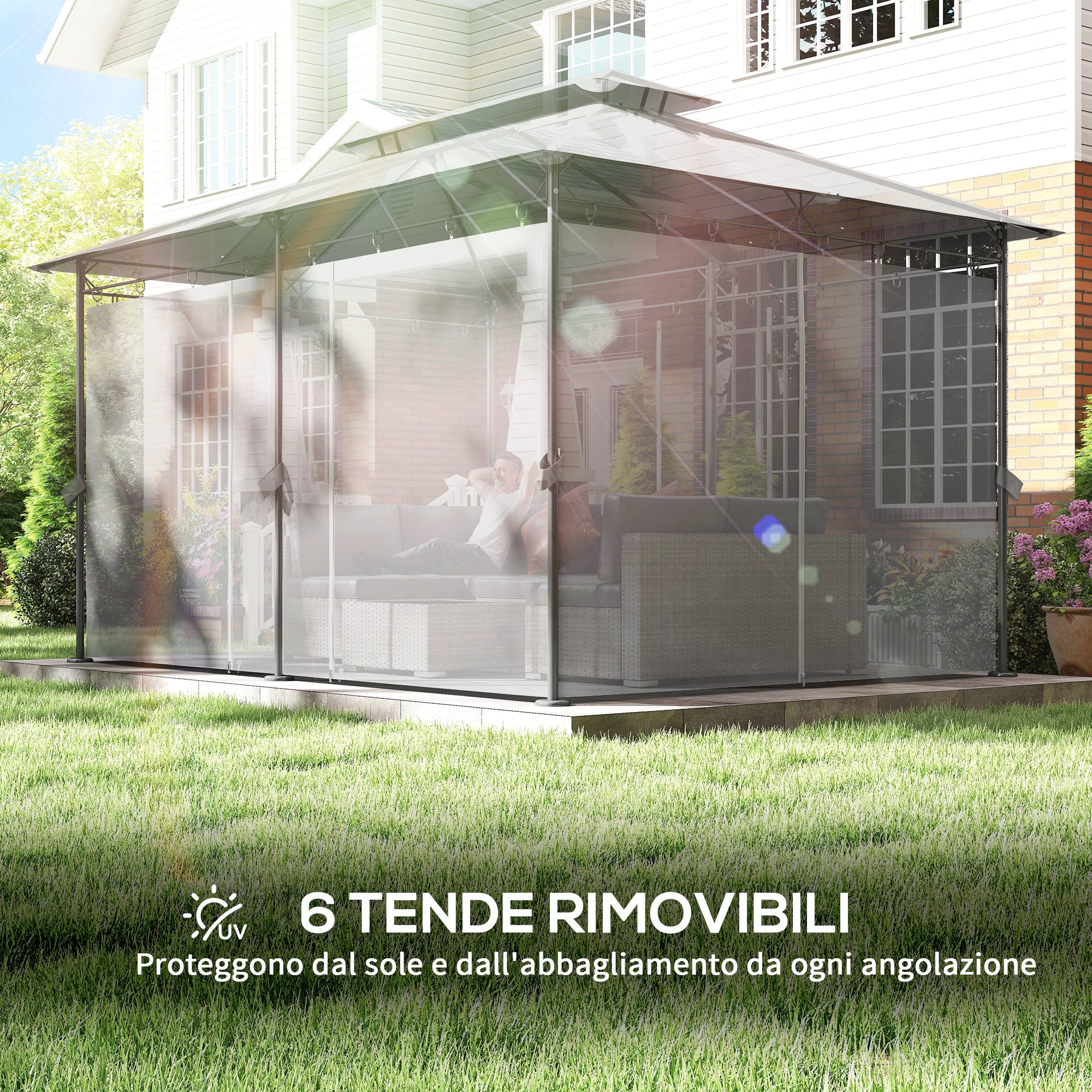 Outsunny 3x4m Garden Gazebo with Removable Curtains, Double Roof and Metal Frame, Grey