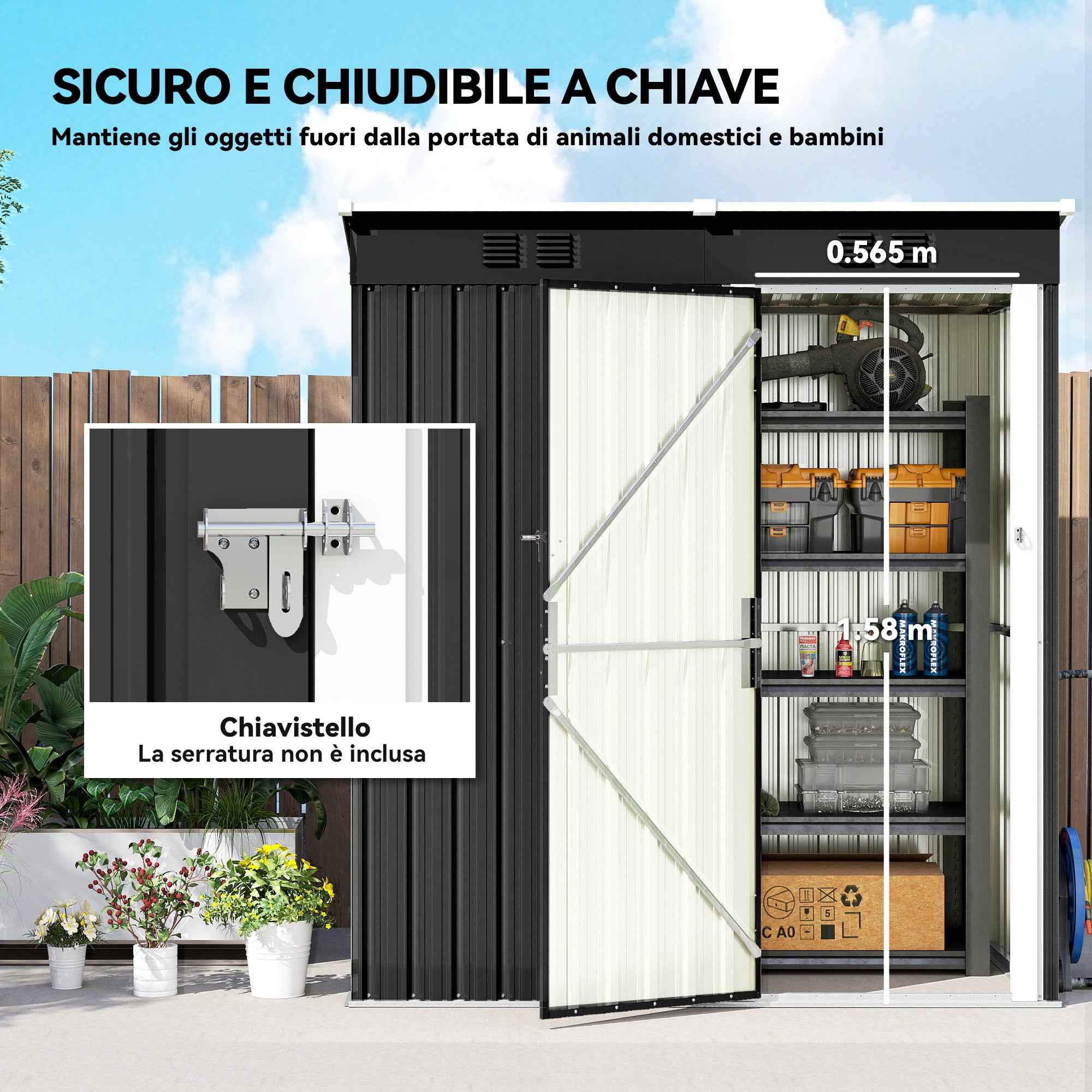 Outsunny Metal Garden Shed 163x90x179 cm, Lockable Door, Air Vents, Dark Grey