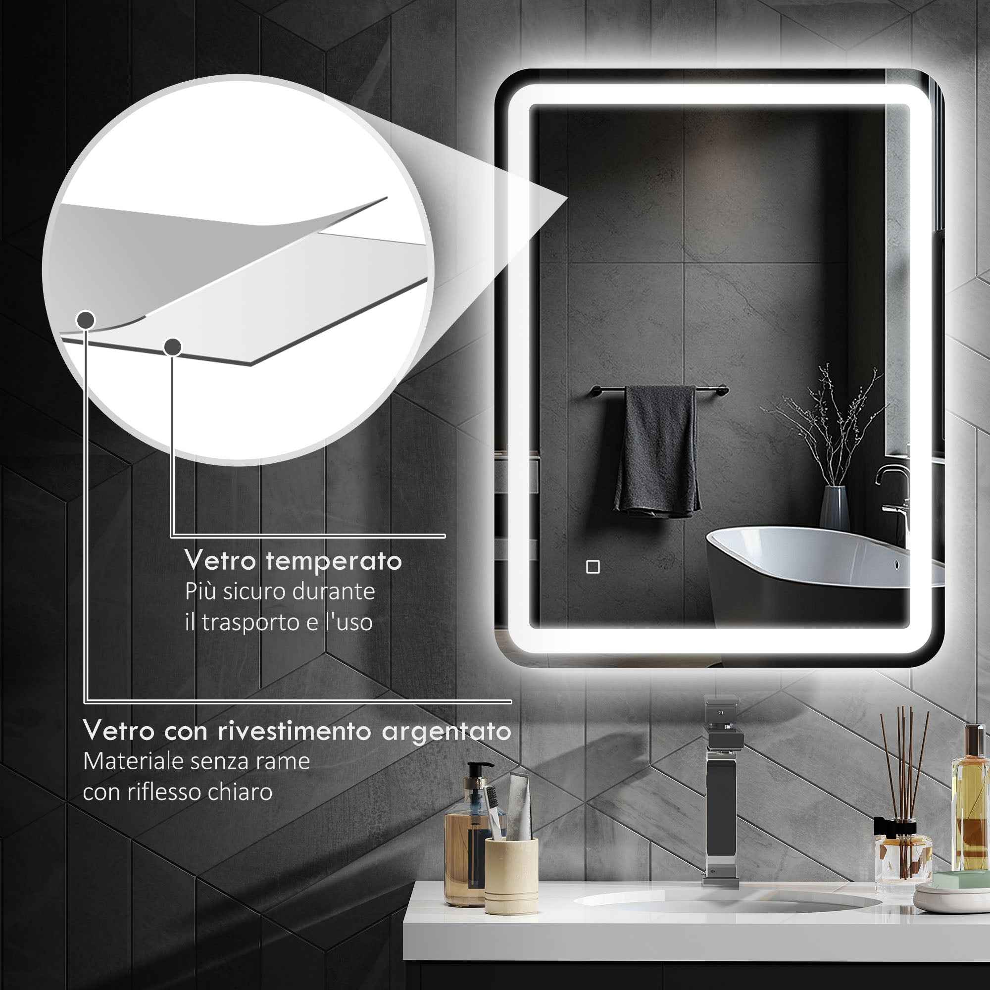 HOMCOM LED Touch Bathroom Mirror with Dimmable Light, 3 Temperatures and Anti-Fog, 60x80 cm