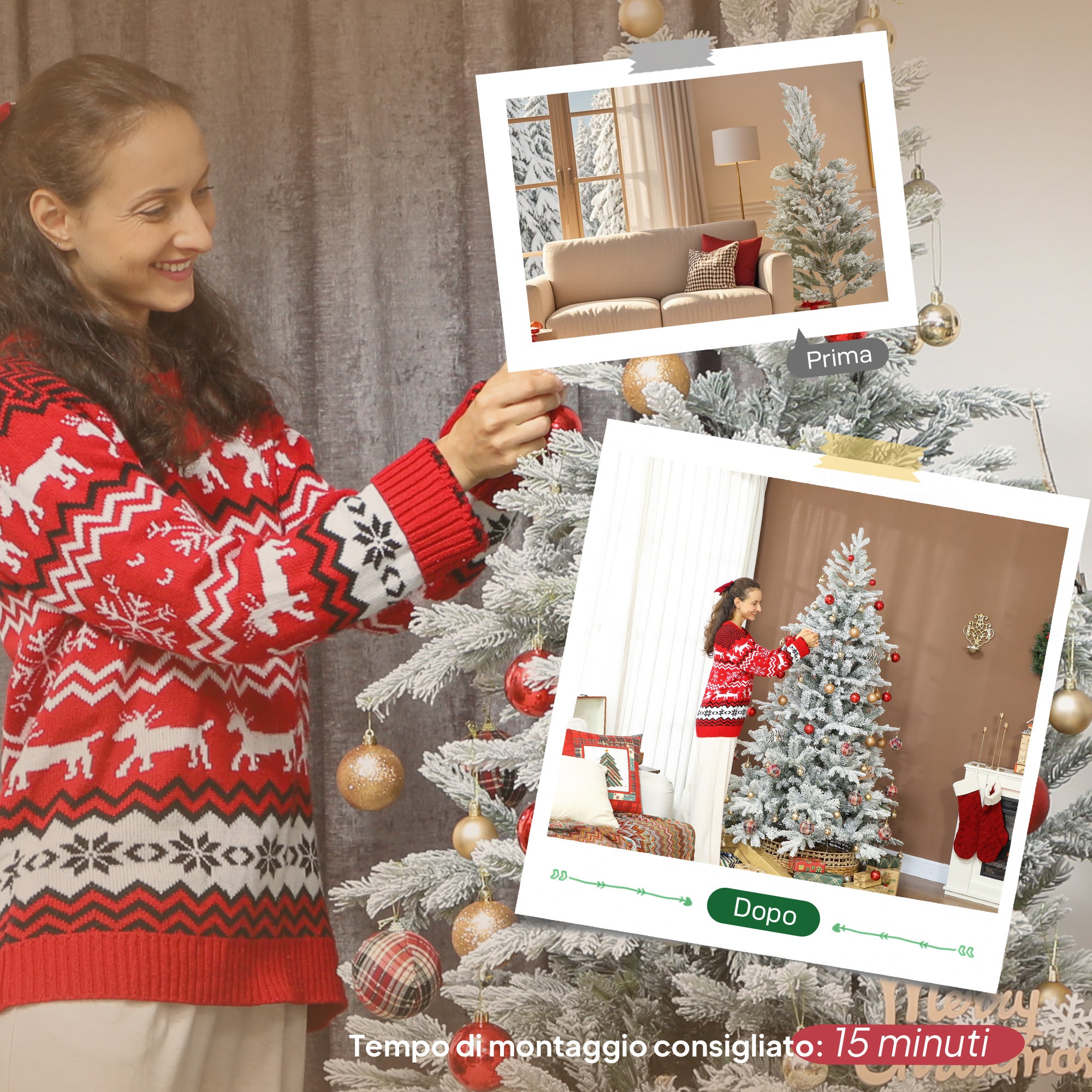 210cm Tall Snow-Covered Christmas Tree with Realistic Branches and Foldable Metal Base