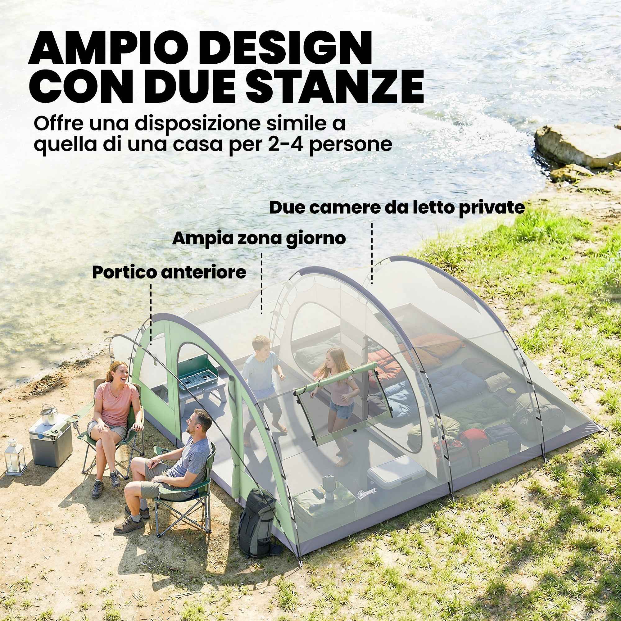 Outsunny Large Multi-Room Tent for 2-4 People, with Windows and Veranda, Green