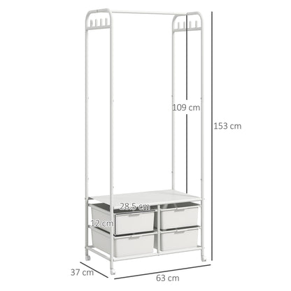 Clothes Hanger Stand with Shoe Rack with 4 Baskets and 8 Hooks, in Steel and Plastic, 63x37x153 cm, White