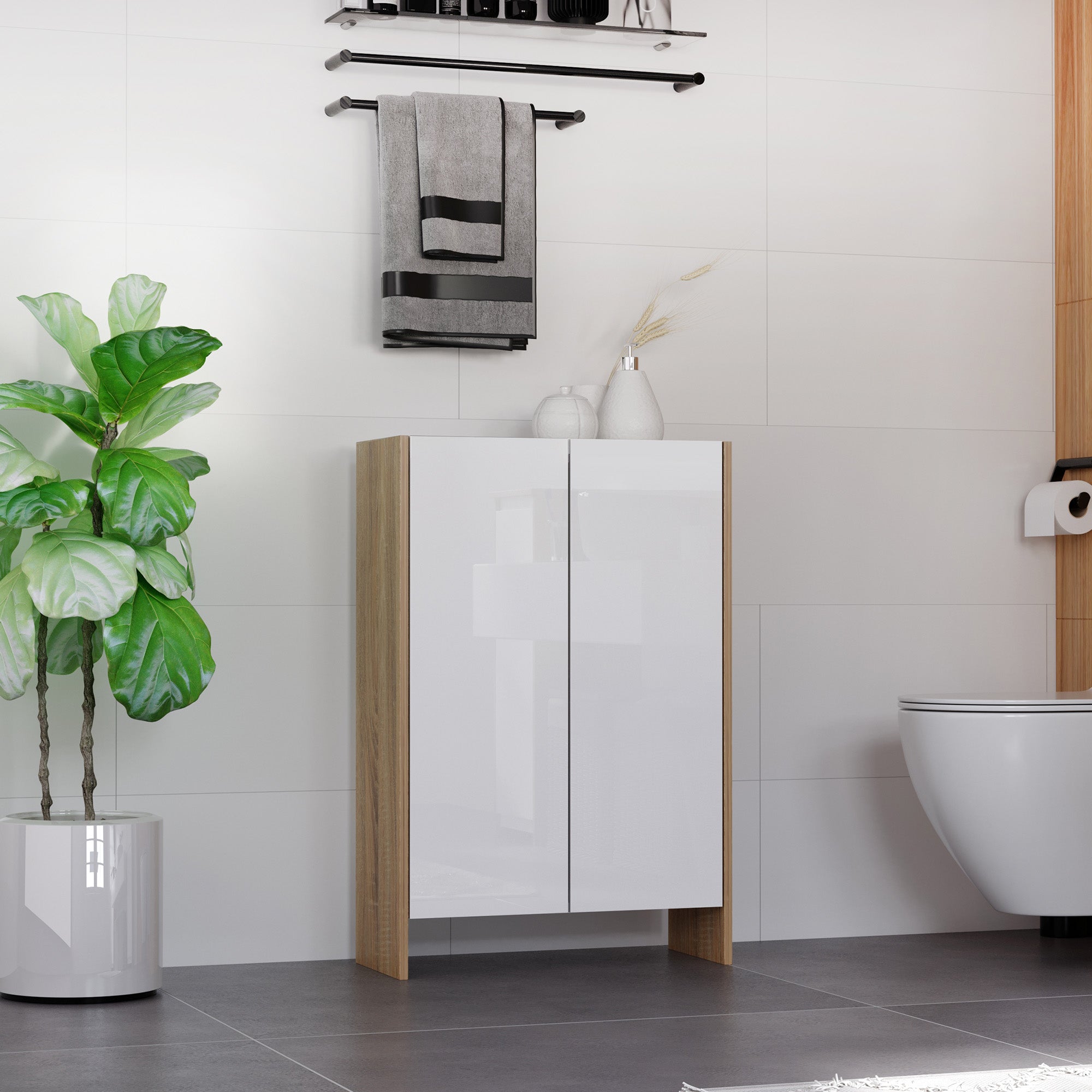 Two-Door Bathroom Cabinet, Oak and White Wooden Entryway or Bedroom Cabinet, 60 x 25 x 90cm