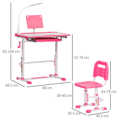 Children's Desk Set for 6-12 Years with Height-Adjustable Chair, Drawer, Light and Tiltable Top, Pink