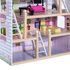 4-Story Dollhouse for Children Ages 3+, Pine Wood and MDF, with 13 Accessories, Pink, 60x30x80 cm