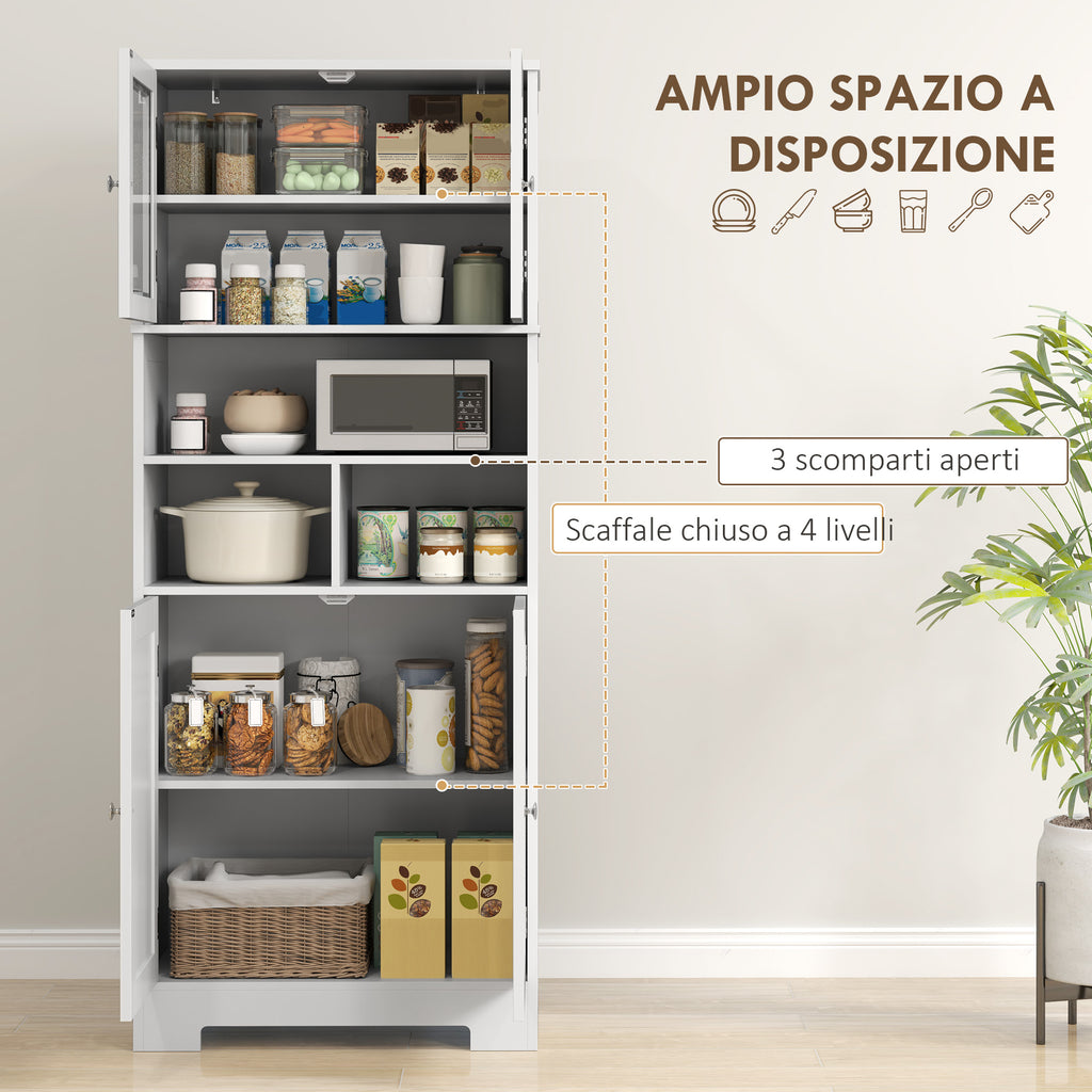 Kitchen Sideboard with 2 Cabinets and 3 Open Compartments, Glass Doors and Adjustable Shelves, 60x30x145.5 cm, White