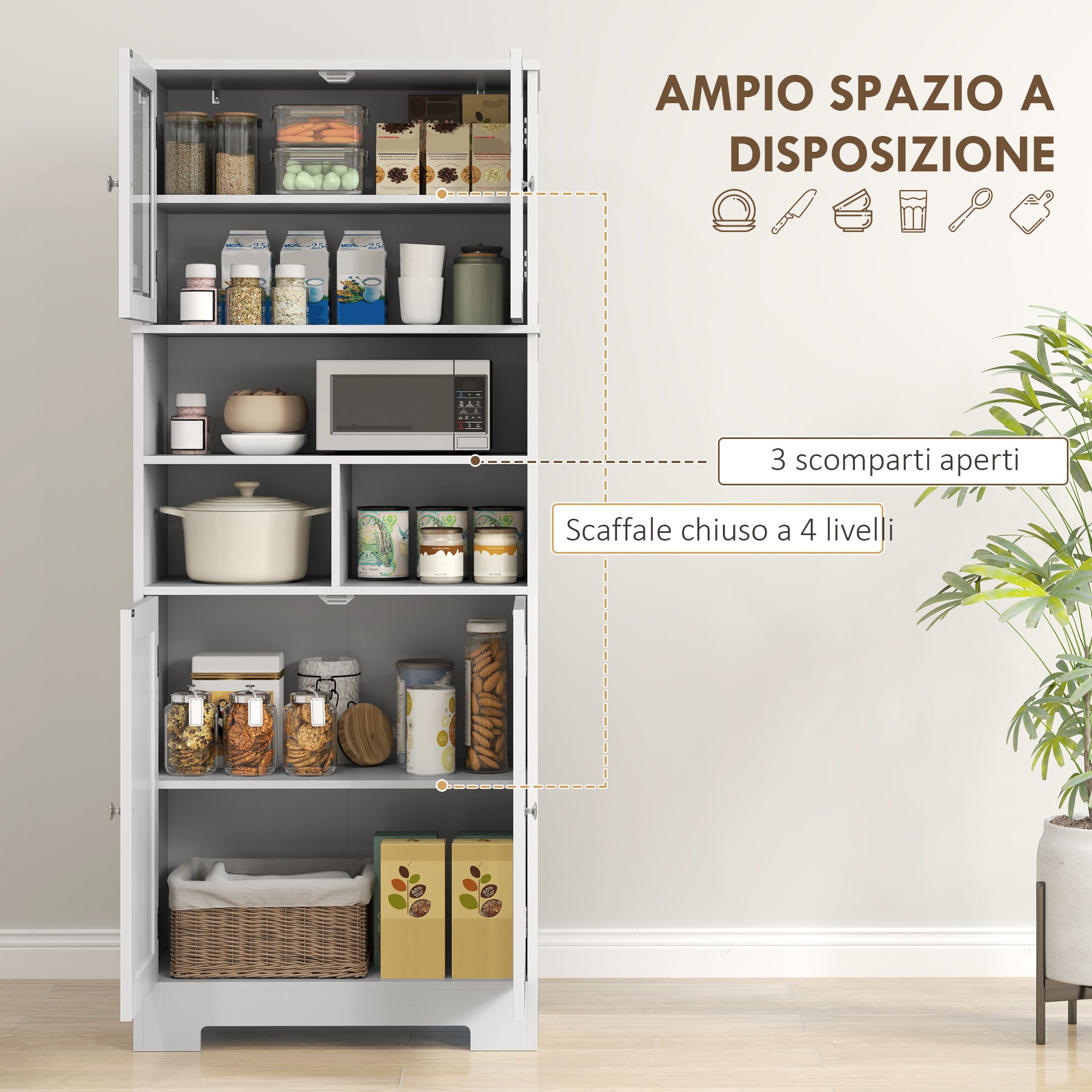 Kitchen Sideboard with 2 Cabinets and 3 Open Compartments, Glass Doors and Adjustable Shelves, 60x30x145.5 cm, White