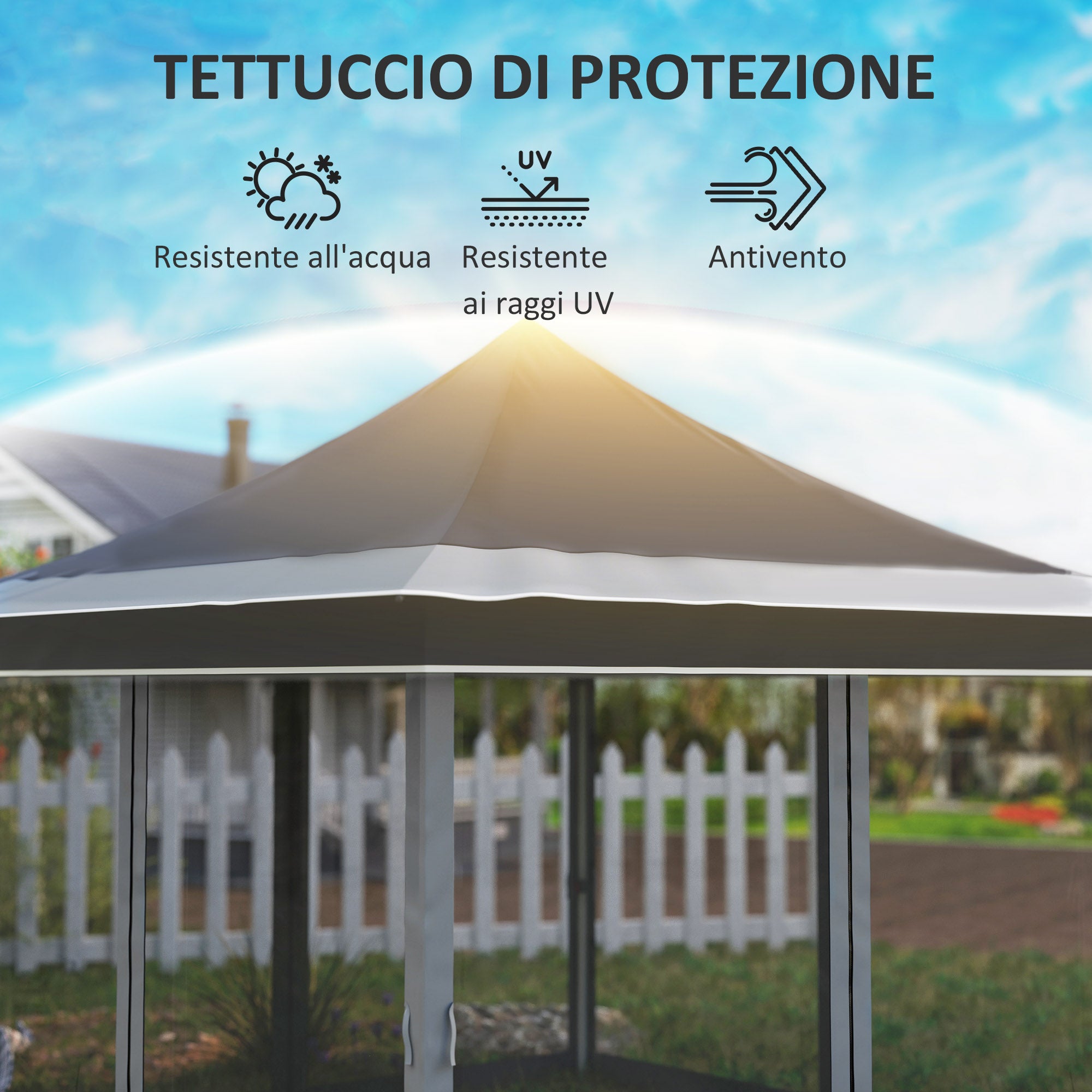 Garden Gazebo with Adjustable Height with Mosquito Net, in Polyester and Metal, 357x357x310 cm, Dark Gray