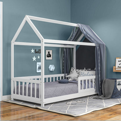 Children's House-Shaped Bed Frame with Slats and Fence, Pine Wood, 96x195x165 cm, White