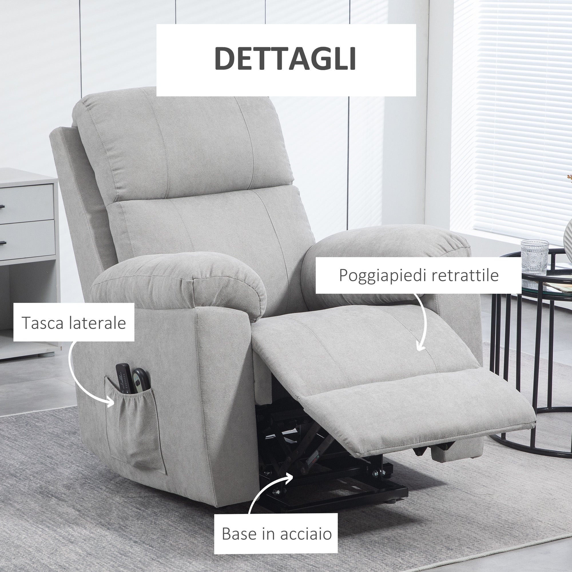 135° Reclining Lift Chair with 8 Massage Points and Footrest, 89x99x103 cm, Light Grey