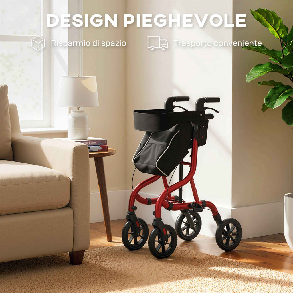 HOMCOM Folding Walker with Seat and Backrest for the Elderly, Adjustable Height, Bag and Cane Holder, Red