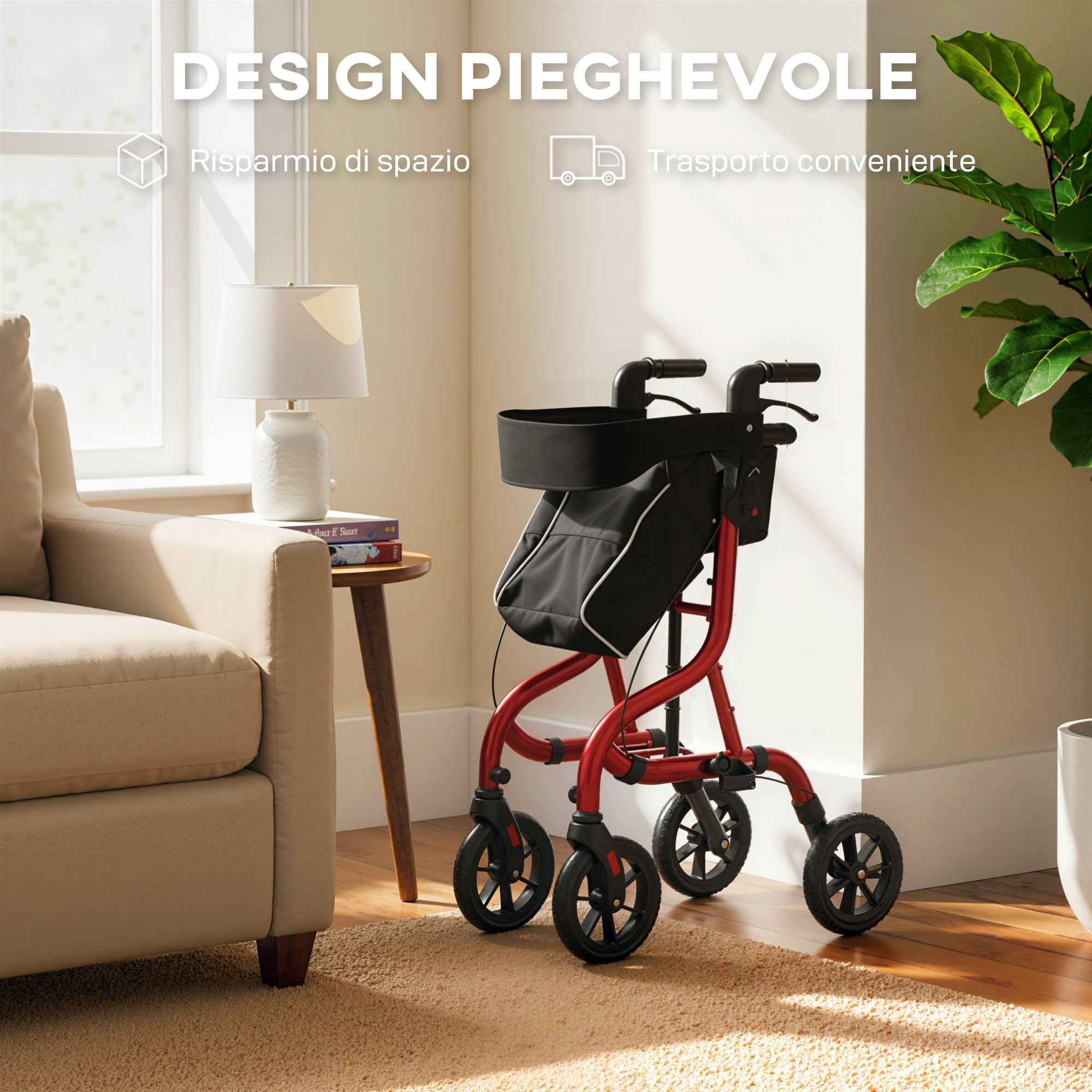 HOMCOM Folding Walker with Seat and Backrest for the Elderly, Adjustable Height, Bag and Cane Holder, Red