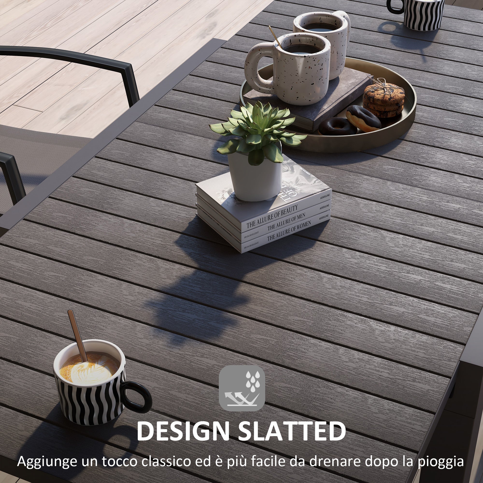 Extendable Garden Table for 4-6 People with Slatted Top, Aluminum, 81/162x80x75 cm, Grey