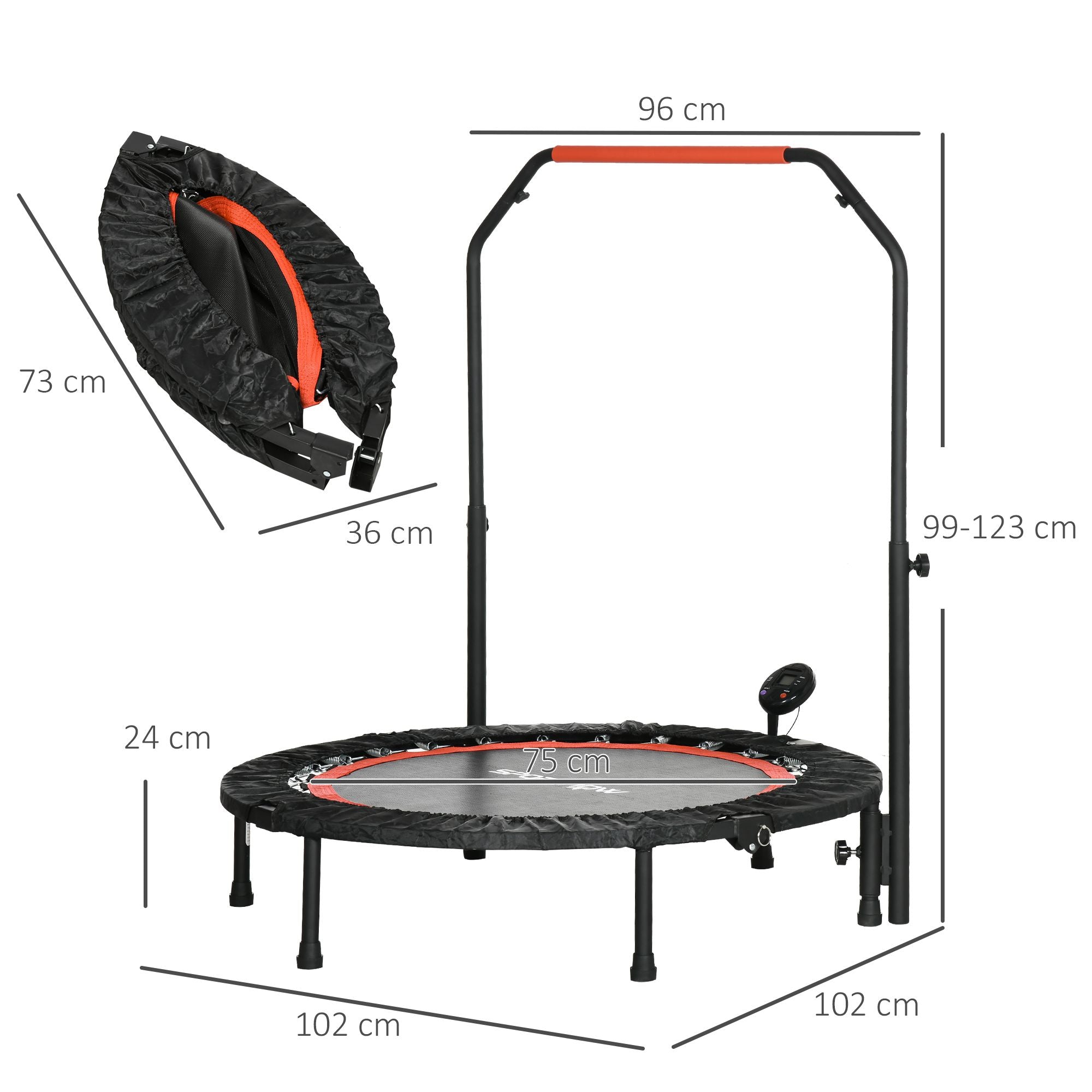Mini Fitness Trampoline Ø102 cm with Adjustable Handlebar, Foldable Elastic Trampoline, Black