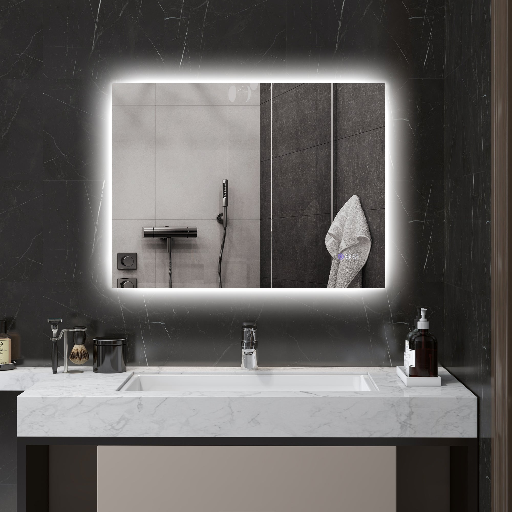 Anti-fog Bathroom Mirror with Adjustable Brightness and Color, Glass and Aluminum Alloy, 80x60x4 cm