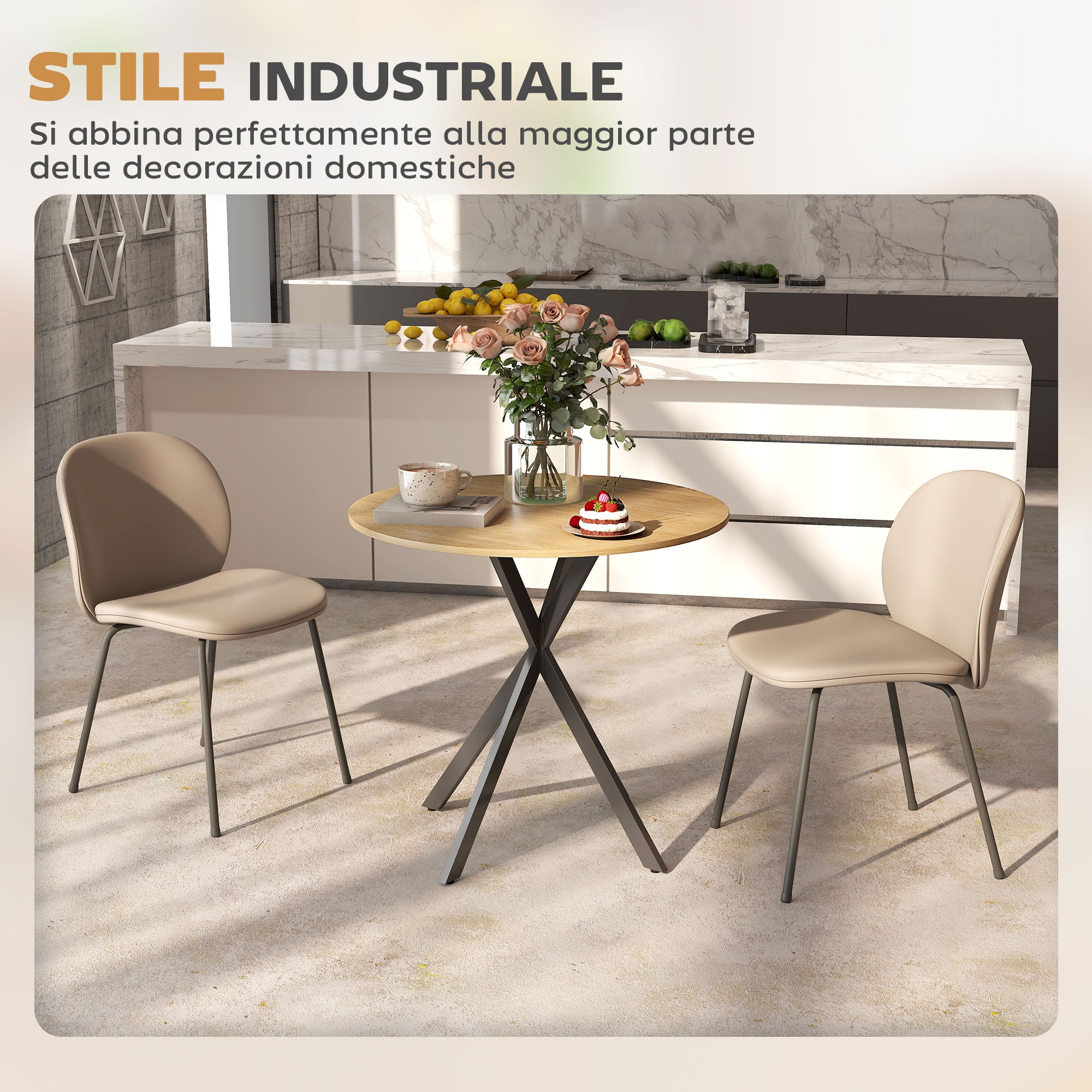 HOMCOM Industrial Style Round Dining Table with Steel Cross Legs, Ø80x75 cm, Oak Color