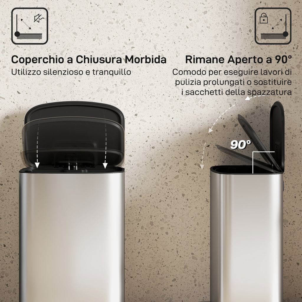 50L Pedal Bin with Soft-Close Lid, 90° Opening and Removable Bucket, Stainless Steel, Grey