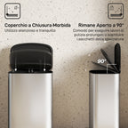 50L Pedal Bin with Soft-Close Lid, 90° Opening and Removable Bucket, Stainless Steel, Grey