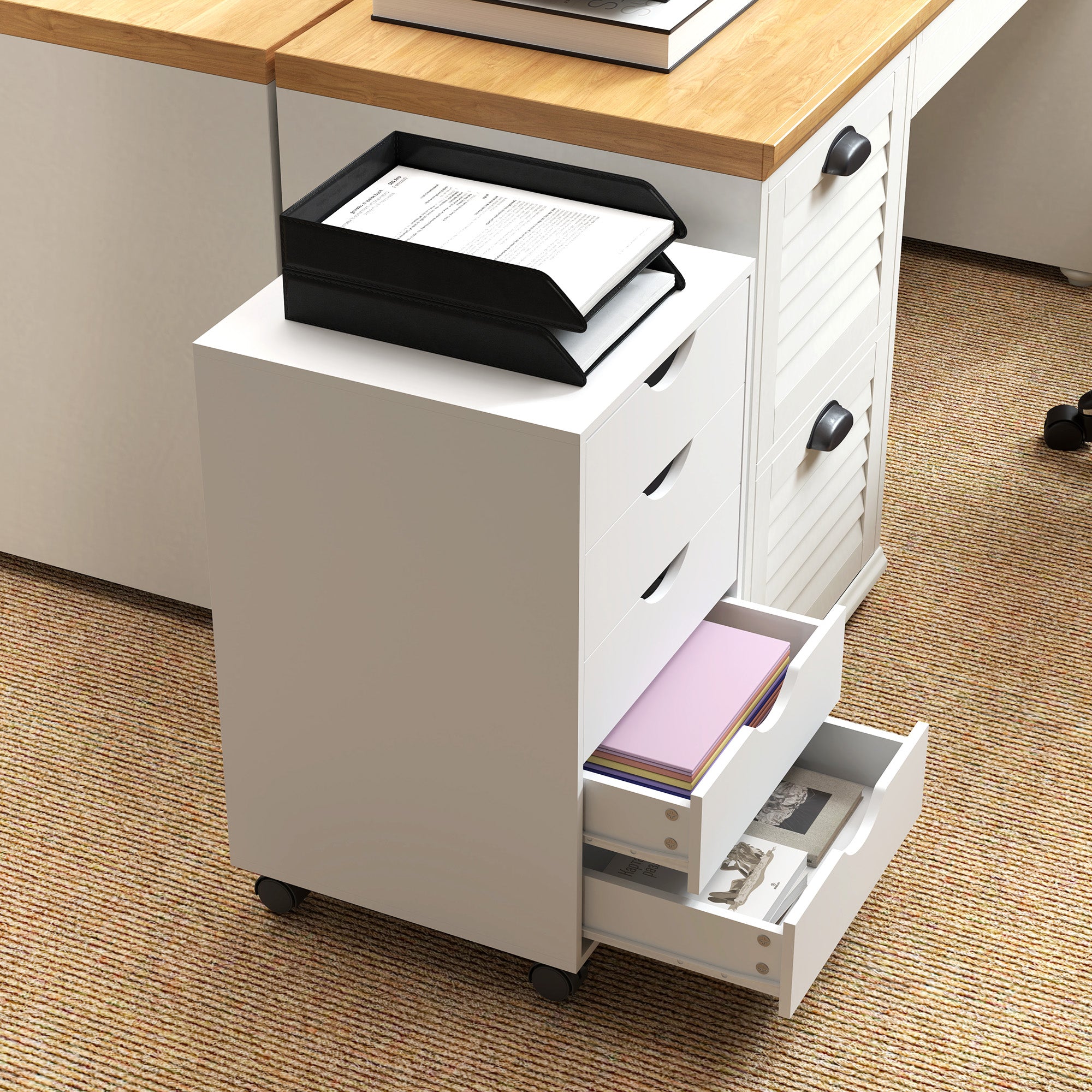 5-Drawer Office Chest with Swivel Casters with Brakes, 40x40x67 cm, White