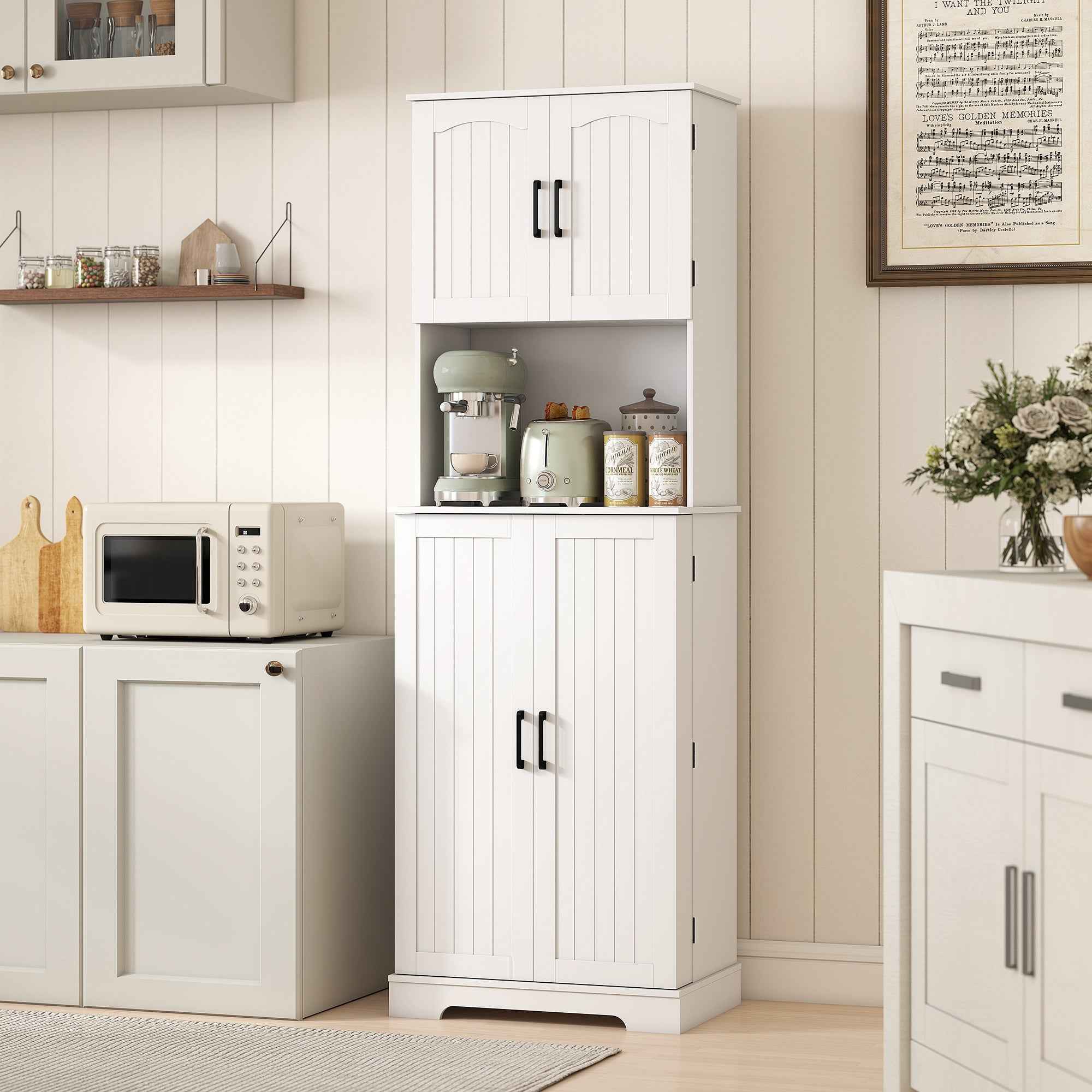 HOMCOM Country Style Tall Kitchen Sideboard, 2 Cabinets and 8 Spice Racks, 60x40x181.5 cm, White