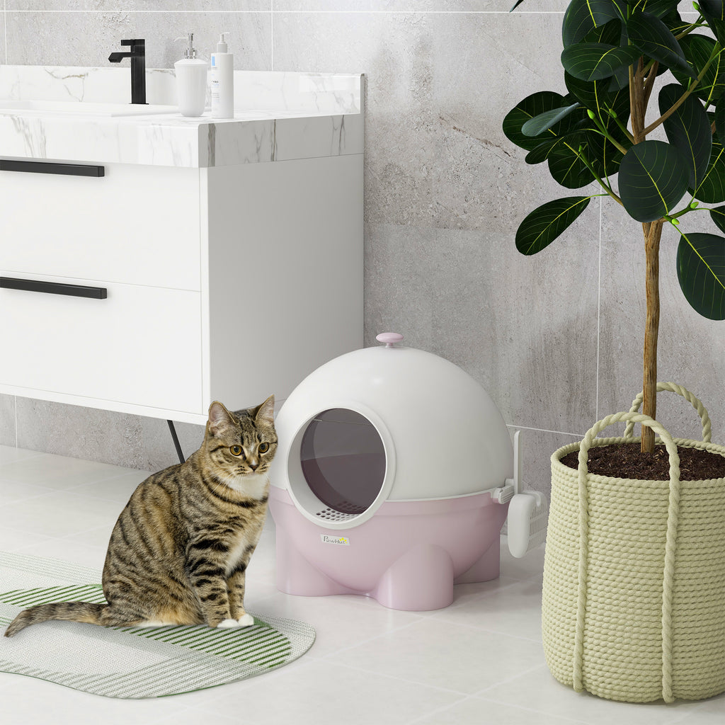 Cat Litter Box 4kg Max with Lid and Scoop Included, 53x51x48 cm, White and Pink