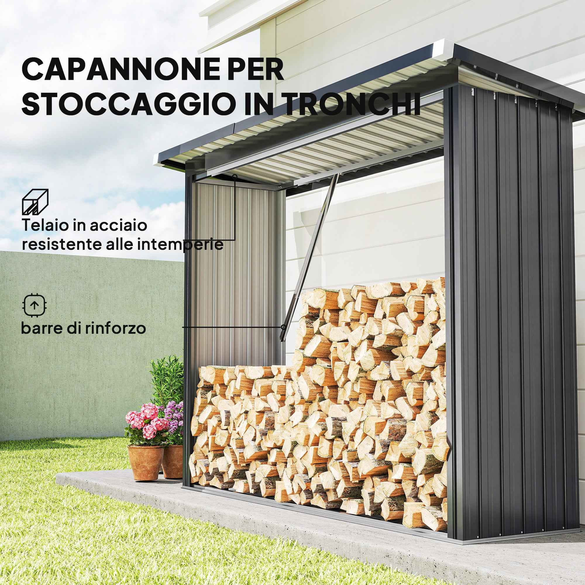 Outsunny Outdoor Steel Log Shed, Raised Base and Sloped Roof, 213x66.5x150 cm, Dark Grey
