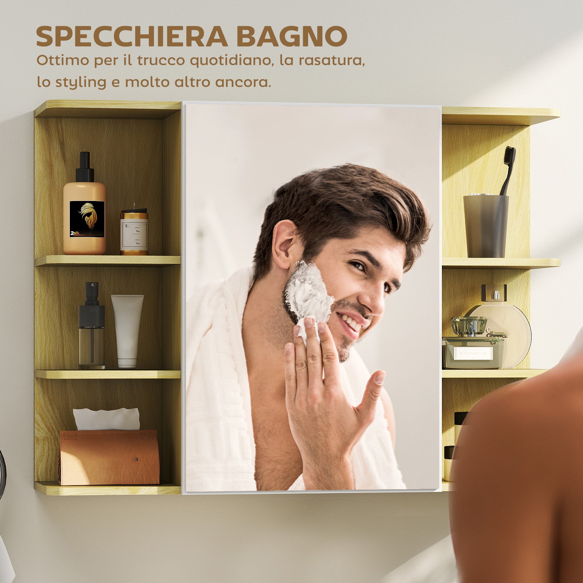 Bathroom Mirror with 2-Tier Cabinet and 6 Open Compartments, 80x20x59 cm, Wood