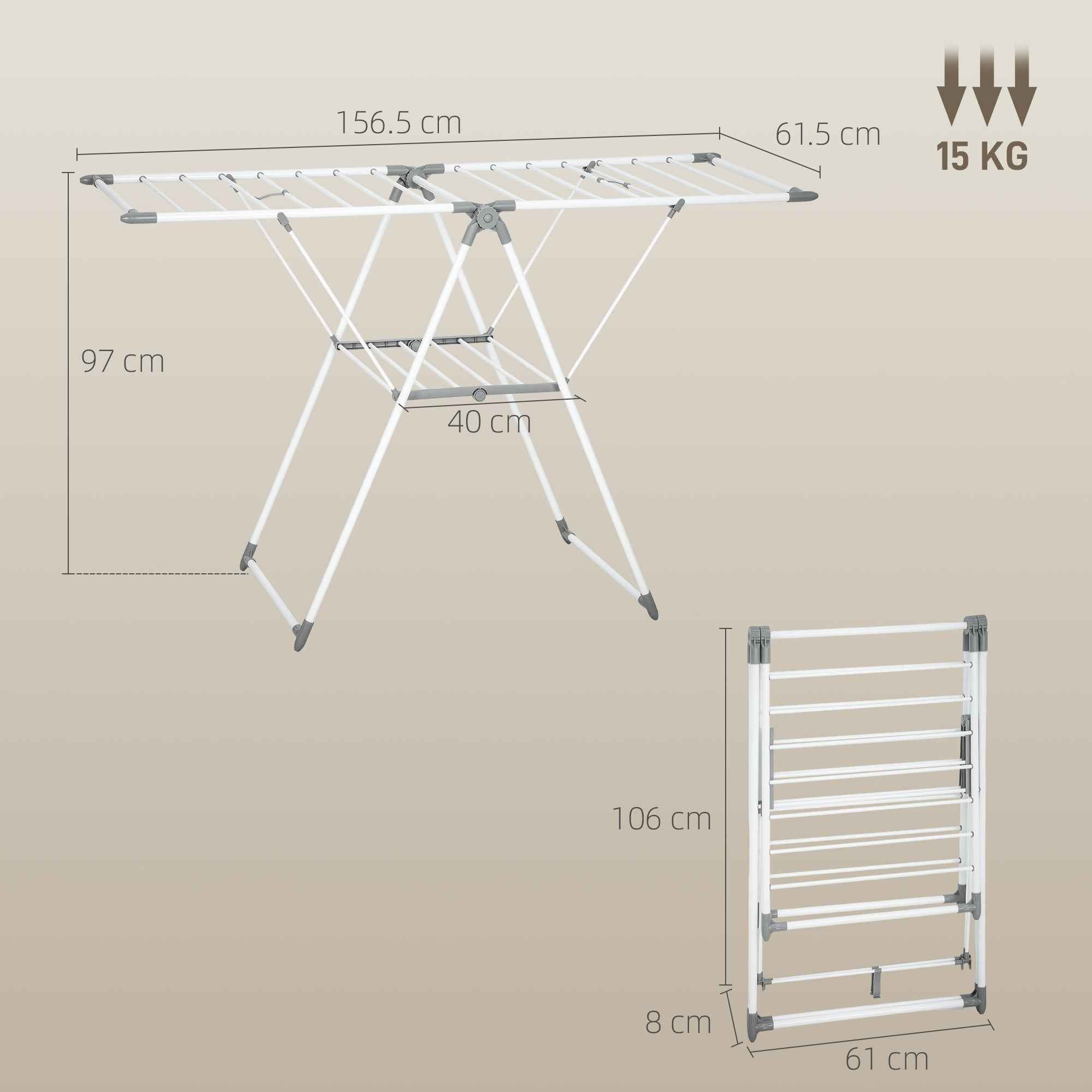 HOMCOM 2-Tier Clothes Airer, Adjustable to 4 Heights, Metal and Plastic, 156.5 x 61.5 x 97 cm, White