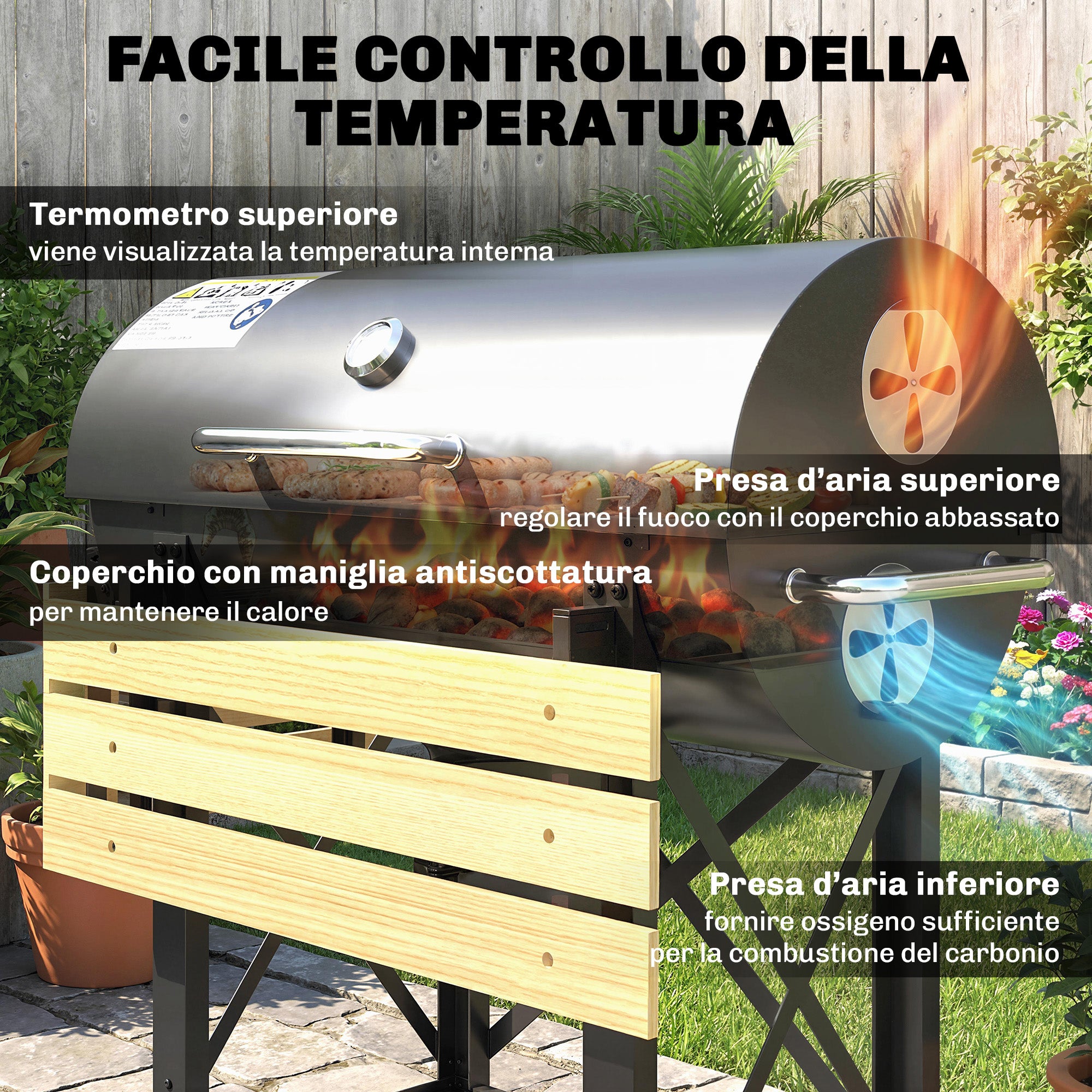 Outsunny Charcoal Barbecue, Mobile Grill with Folding Shelves and Thermometer