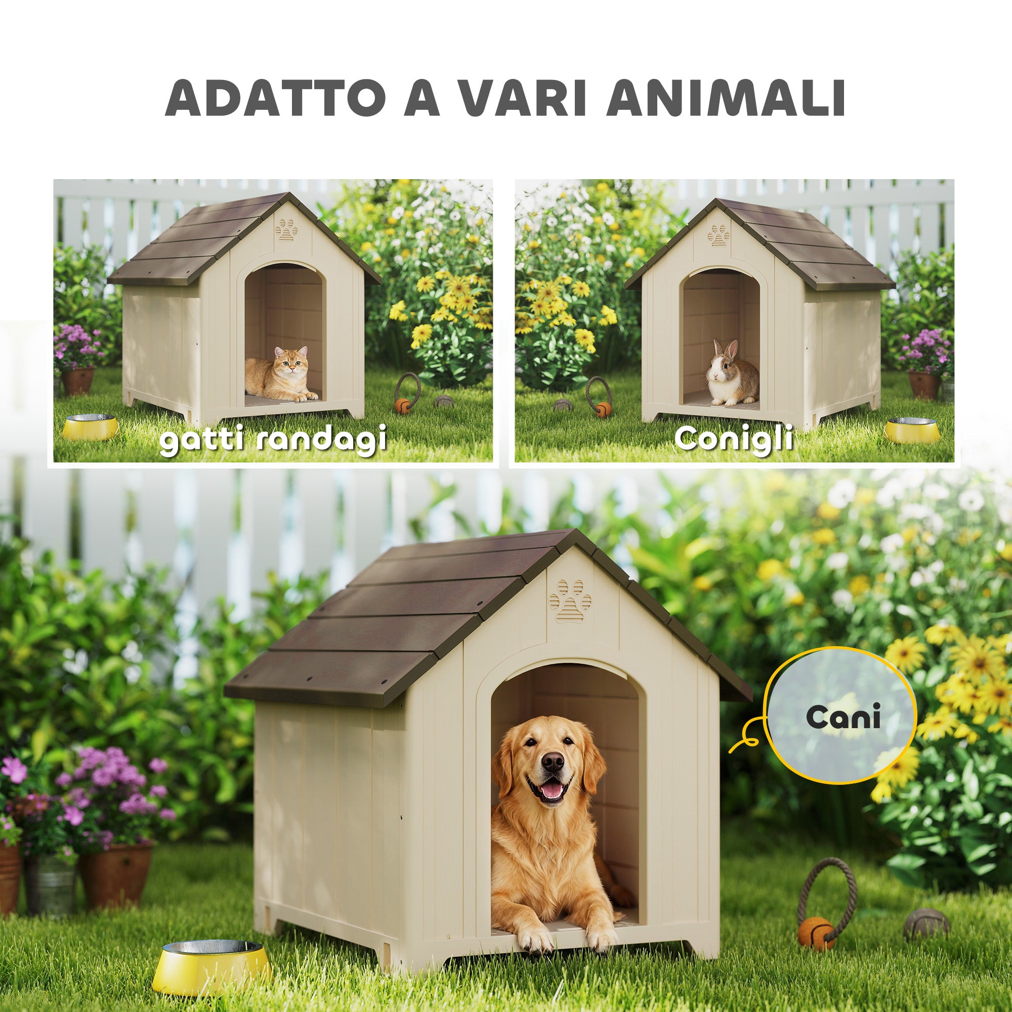 PawHut Raised Dog Kennel with Sloped Roof and Air Vents, PP, 88x78x89 cm, Beige and Dark Brown