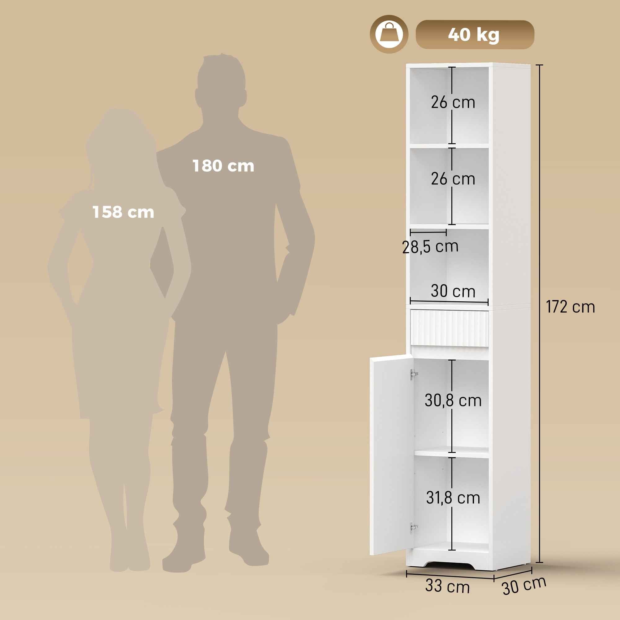 HOMCOM Tall Bathroom Cabinet, Freestanding Unit with Adjustable Shelf
