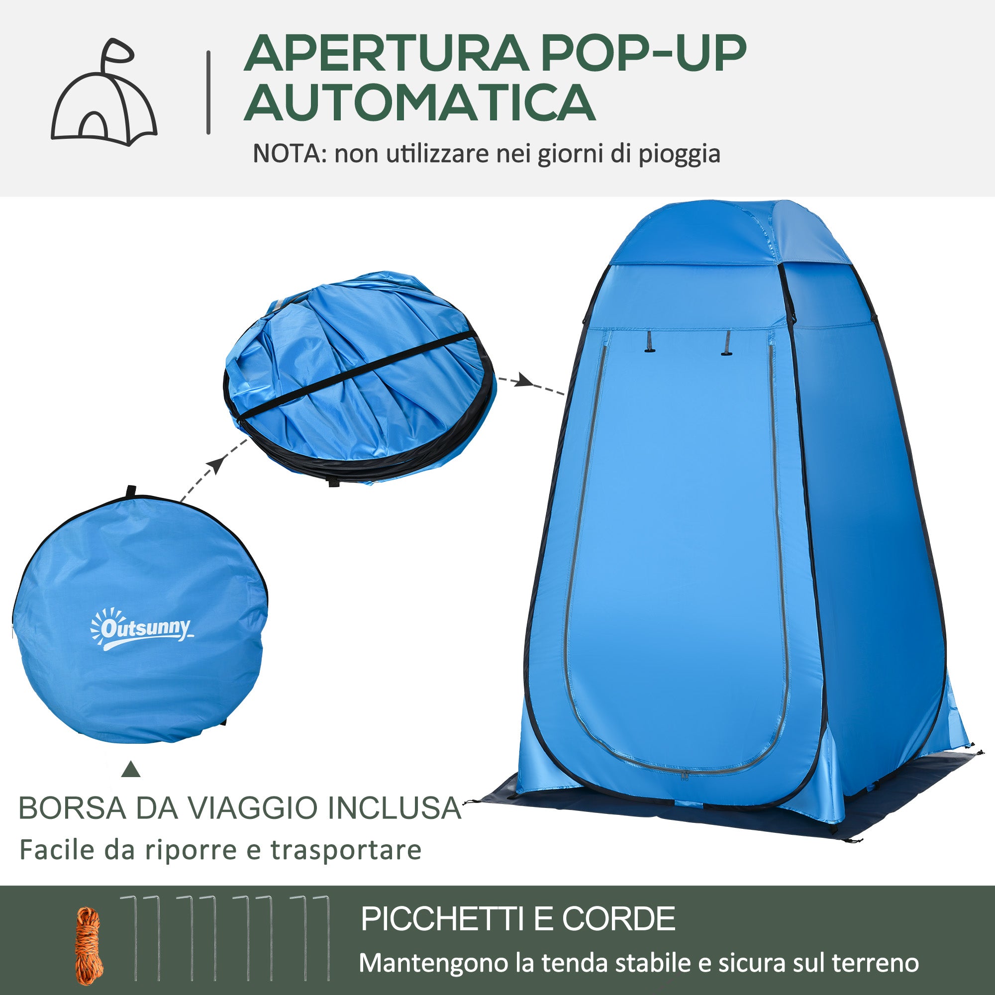 Camping and Beach Shower Tent with Zipper Door and Transport Bag, 126x124x189 cm, Blue