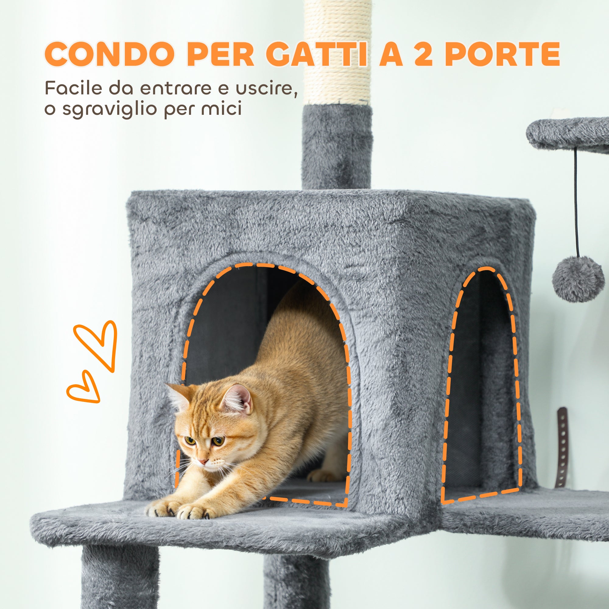Cat Tree, 202 cm Tall, with 6 Sisal Posts, 2 Houses, 2 Hammocks and a Bed, Grey